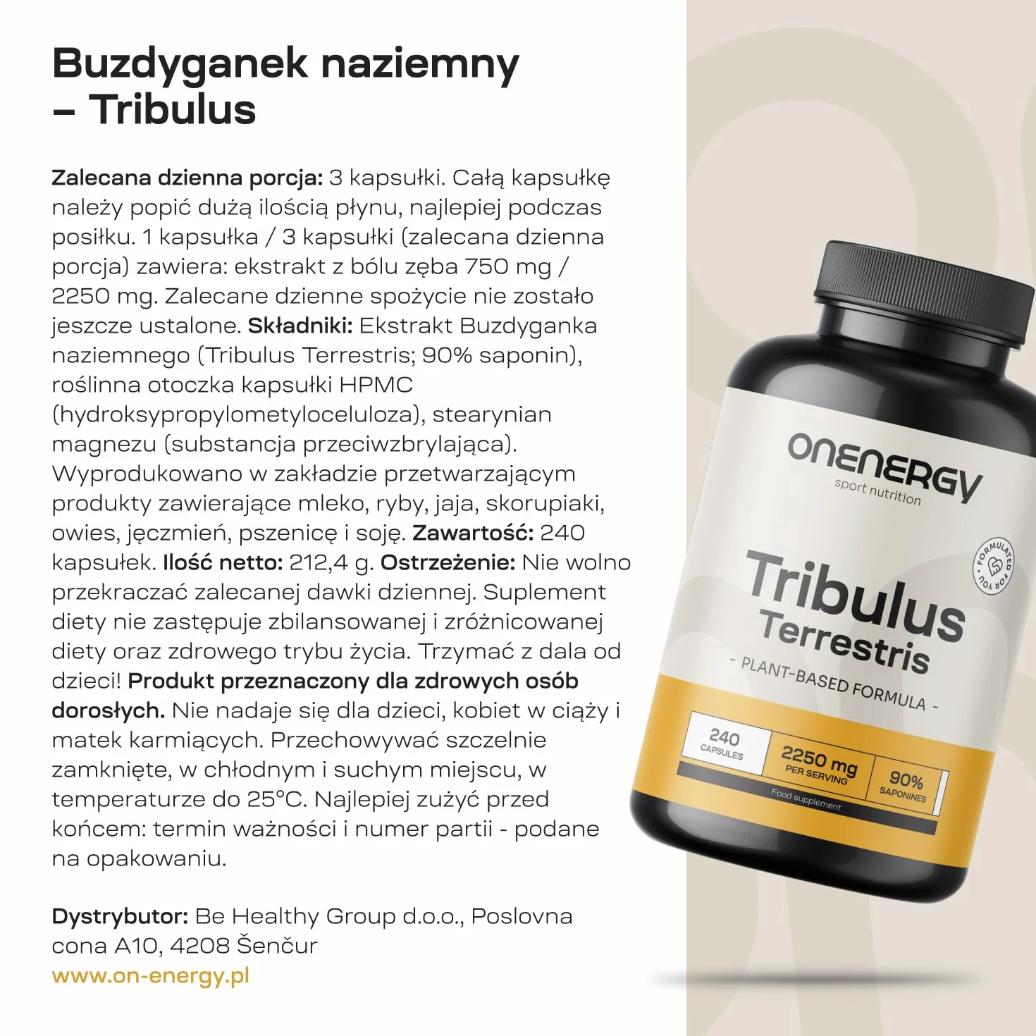 Buzdyganek naziemny - Tribulus 2250 mg - 240 kapsułek - 90% saponin - Opakowanie XXL - Wyciąg ziołowy - Dla mężczyzn i kobiet