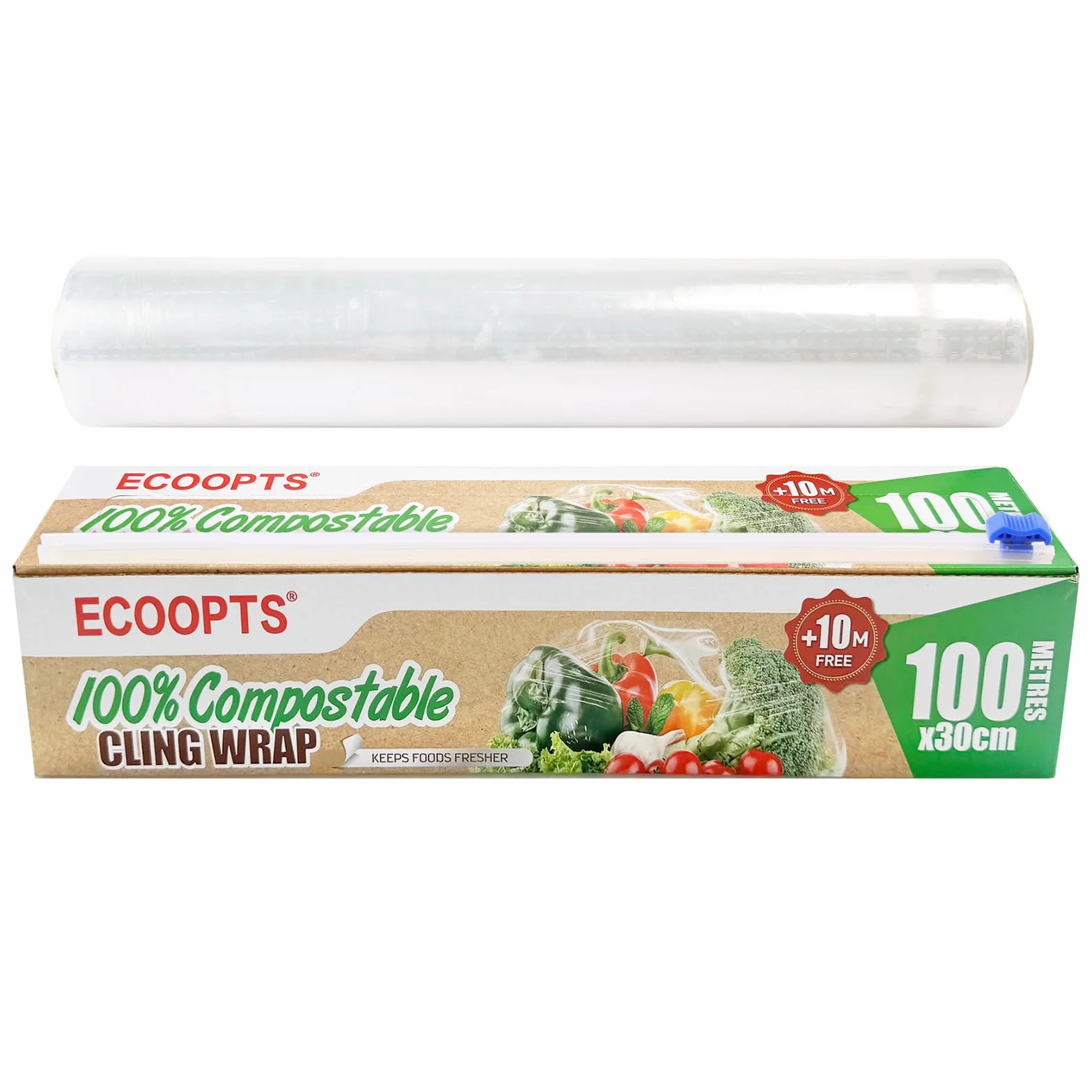 ECOOPTS W 100% kompostowalna folia spożywcza z przecinakiem slajdowym, nie zawiera BPA, biodegradowalna, bezpieczna w kuchence mikrofalowej i zamrażarce, 30 cm x 110 m