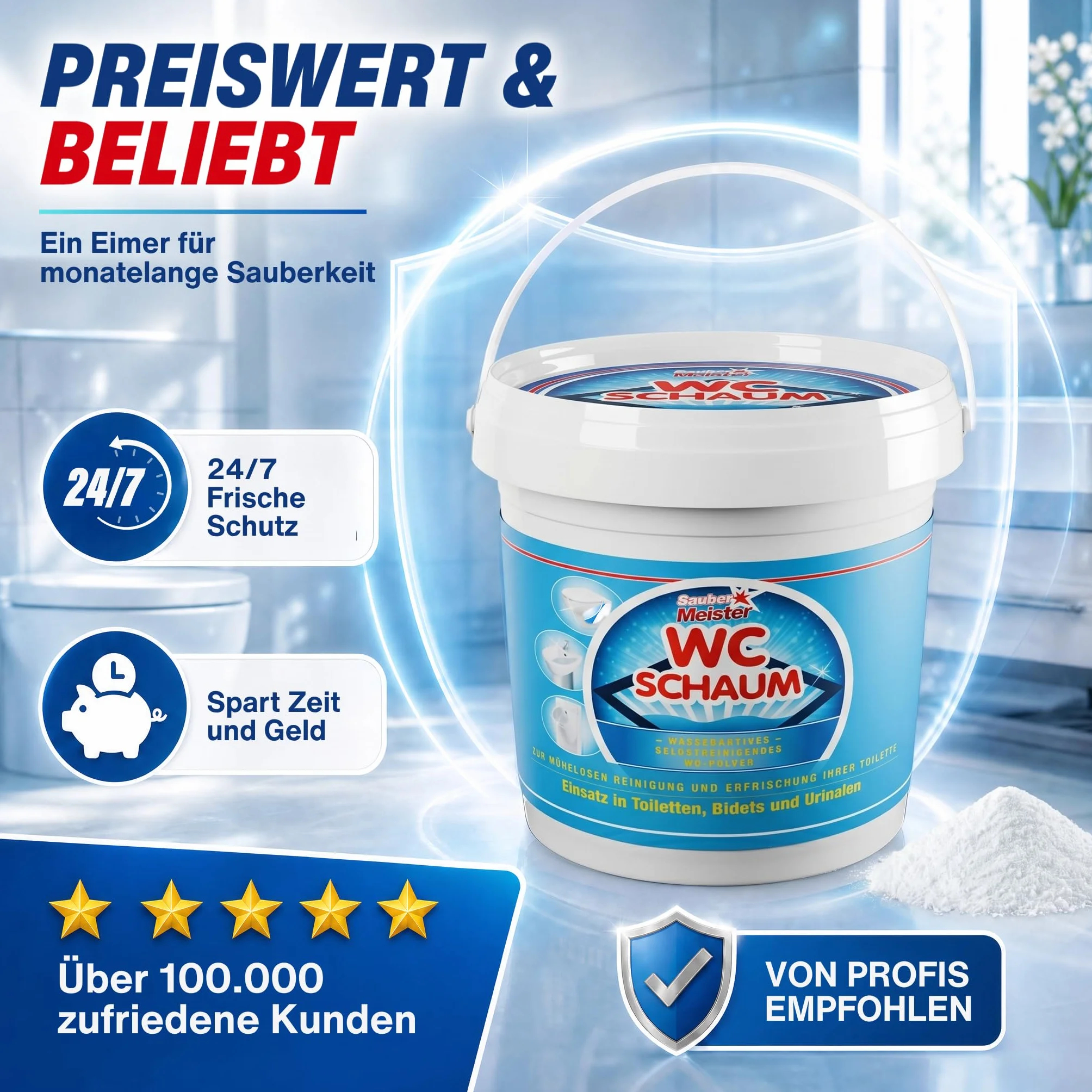 Myjka do WC w proszku – bardzo mocna pianka do WC zapewnia gruntowną czystość – mocny środek do czyszczenia WC przeciwko kamieniu i kamieniom moczowym – samoczyszcząca forma proszku, 5