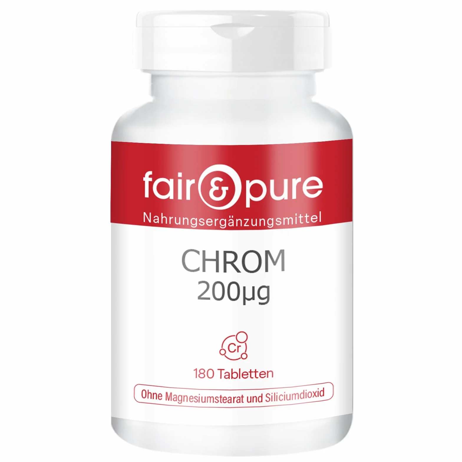 Tabletki chromu Fair & Pure 200 μg, 180 tabletek, wegański suplement diety bez dodatków, wyprodukowano w Niemczech