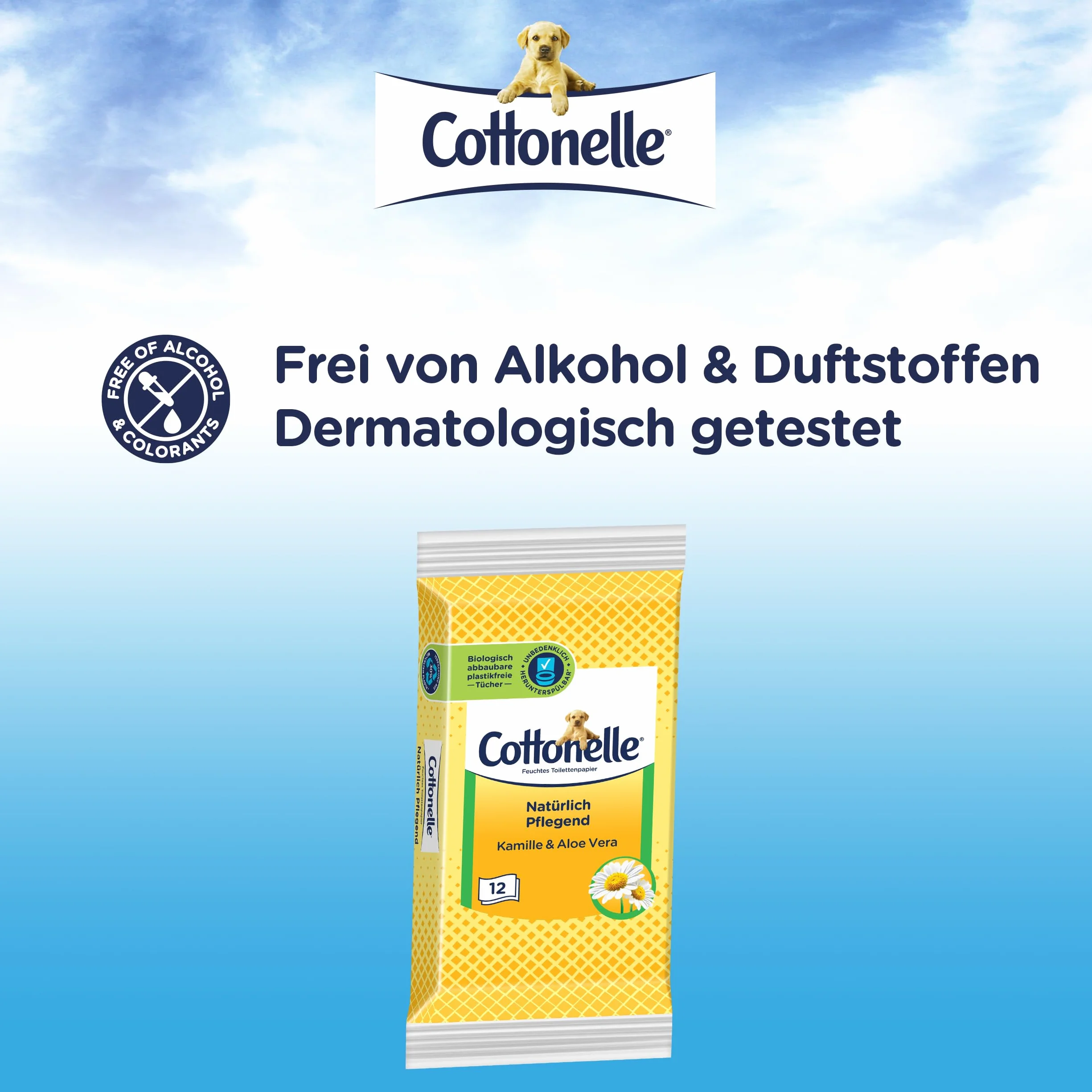 Cottonelle Wilgotny papier toaletowy do podróży, naturalnie pielęgnujący – rumianek i aloes, szybkie rozpuszczanie, 20 x 12 ściereczek, biodegradowalny