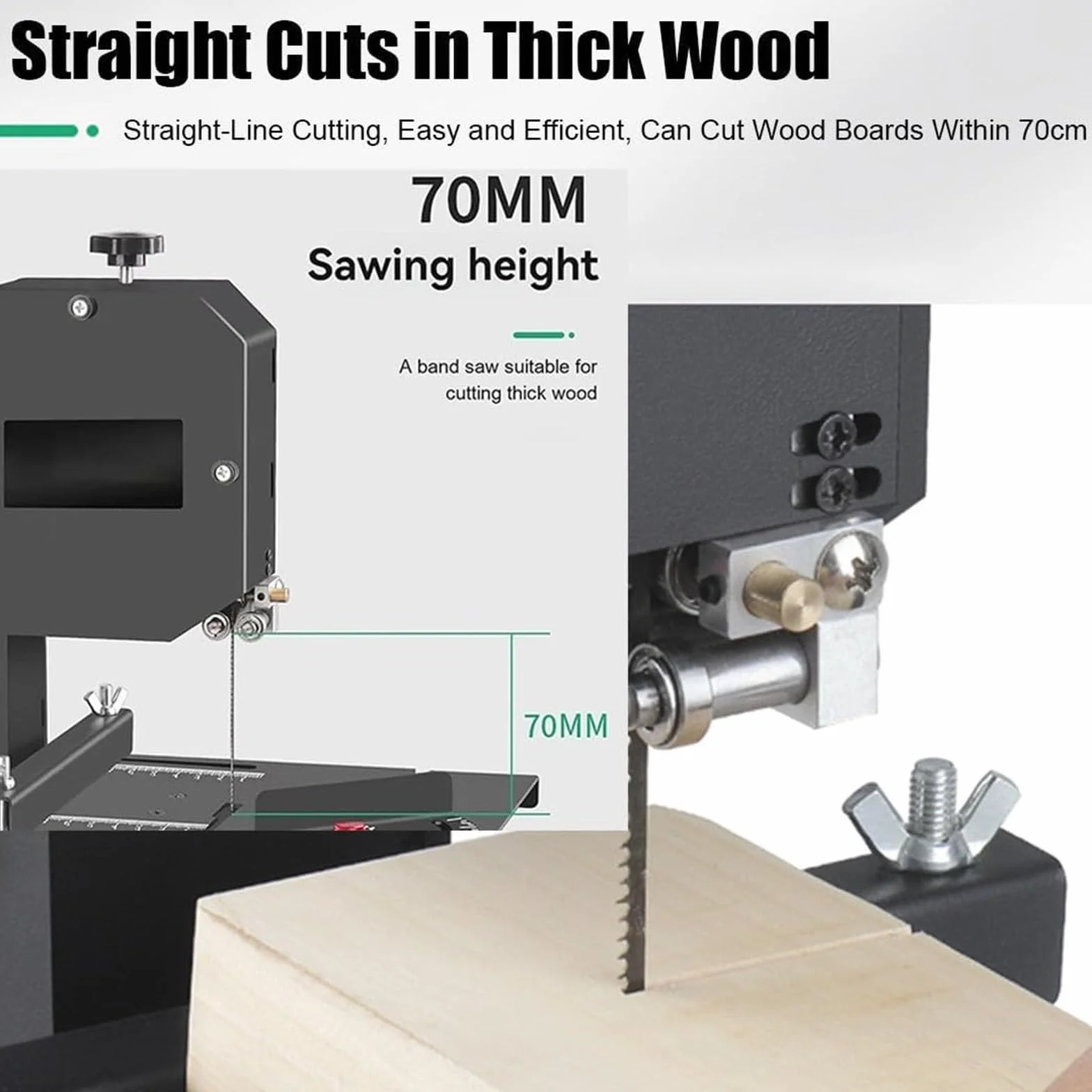 Profesjonalna taśmowa piła stołowa z odchylanym o 45° metalowym stołem roboczym,800W, głębokością cięcia 70 mm + prześwitem 90 mm, cięciami krzywoliniowymi i prostymi, 1750 obr./min