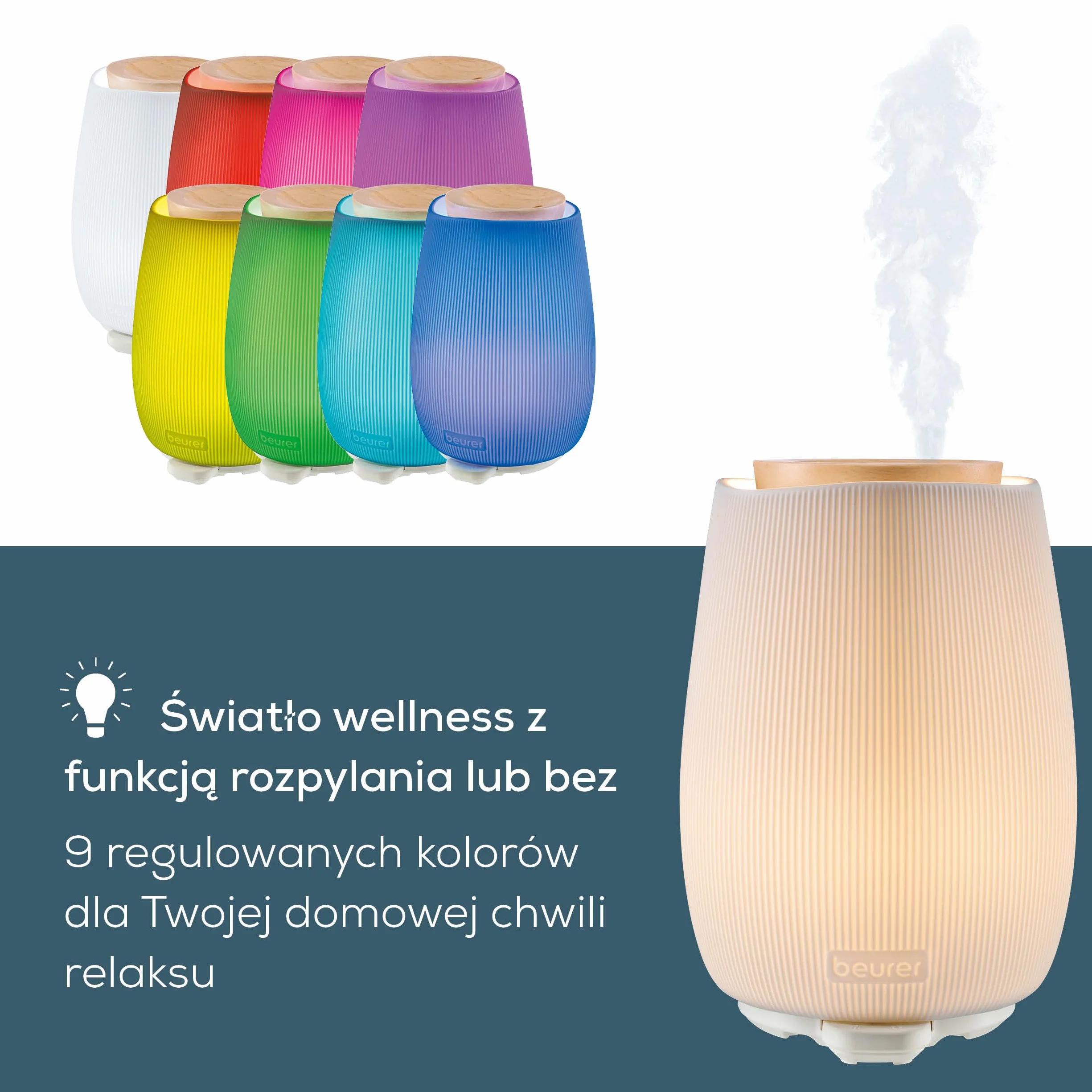Beurer LA 45 Dyfuzor zapachowy ultradźwiękowy do aromaterapii, 2-stopniowy, światło nastrojowe 9 kolorów, ceramiczny i drewniany