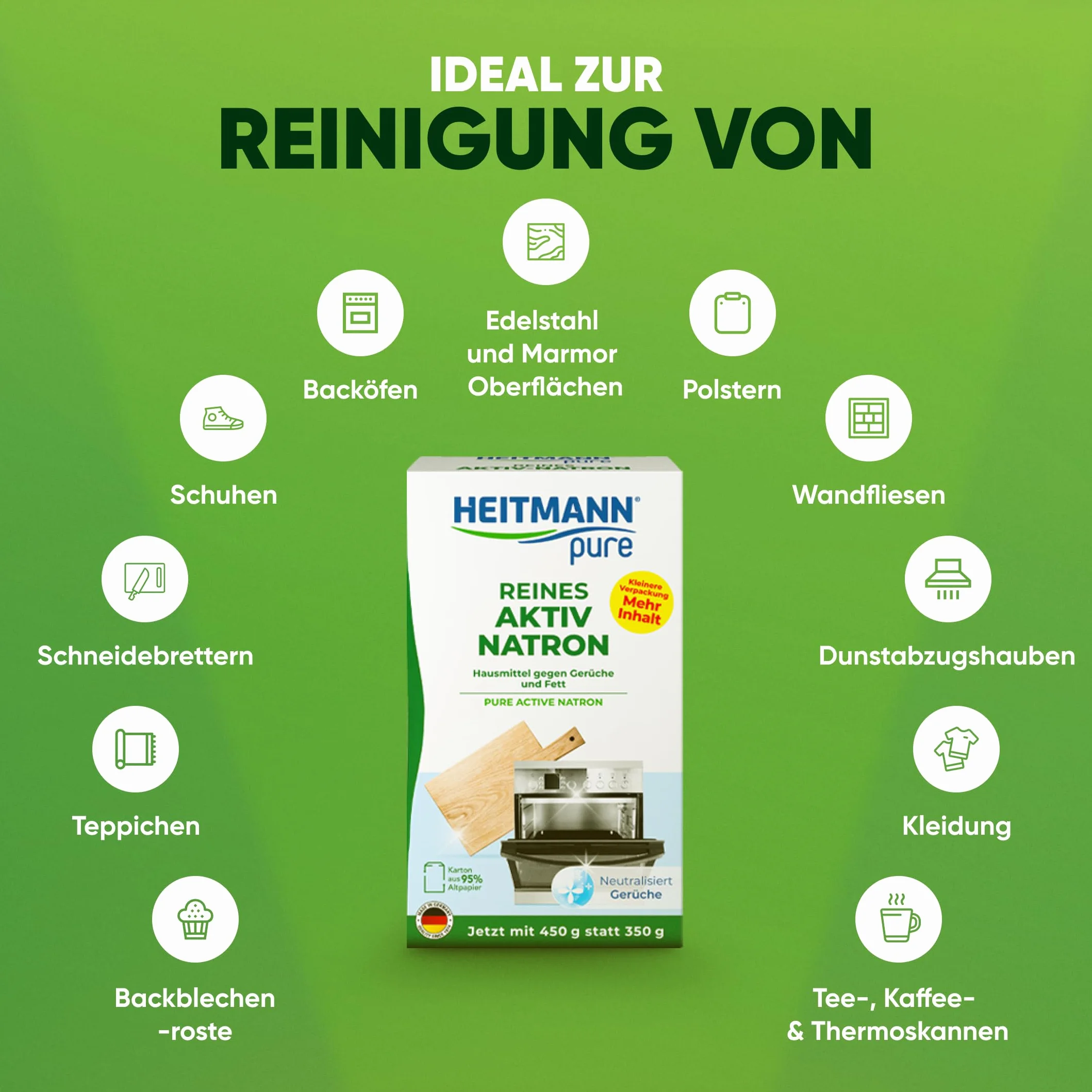 HEITMANN pure Czysta aktywna soda | niezawodnie usuwa tłuszcz, zapachy i plamy w całym gospodarstwie domowym | 450 g