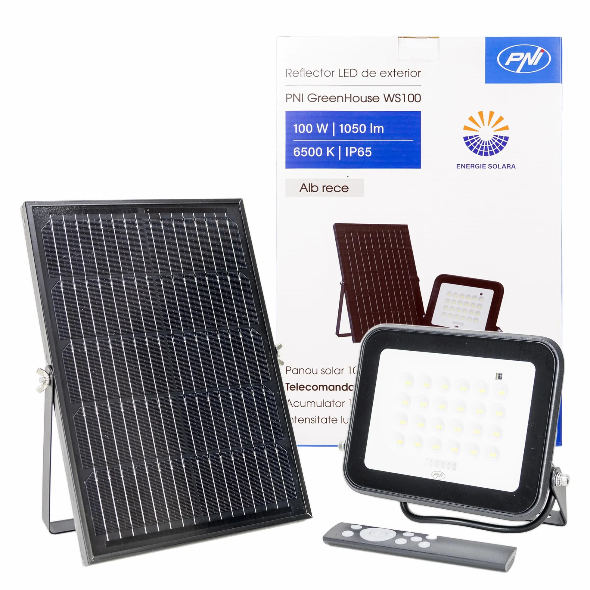 PNI GreenHouse WS100 reflektor LED 100 W z panelem słonecznym, akumulator 10 000 mAh, pilot zdalnego sterowania, regulowany timer i jasność, 6500 K, IP65