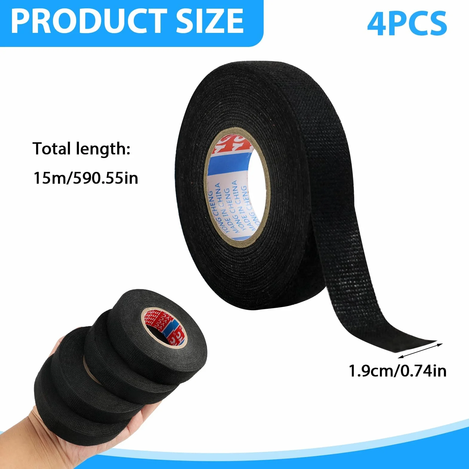 4 rolki taśmy izolacyjnej odpornej na wysokie temperatury, 19 mm x 15 m, czarna, wysokiej jakości taśma z tkaniny do wiązek przewodów, ognioodporna, idealna do gospodarstwa domowego, samochodu
