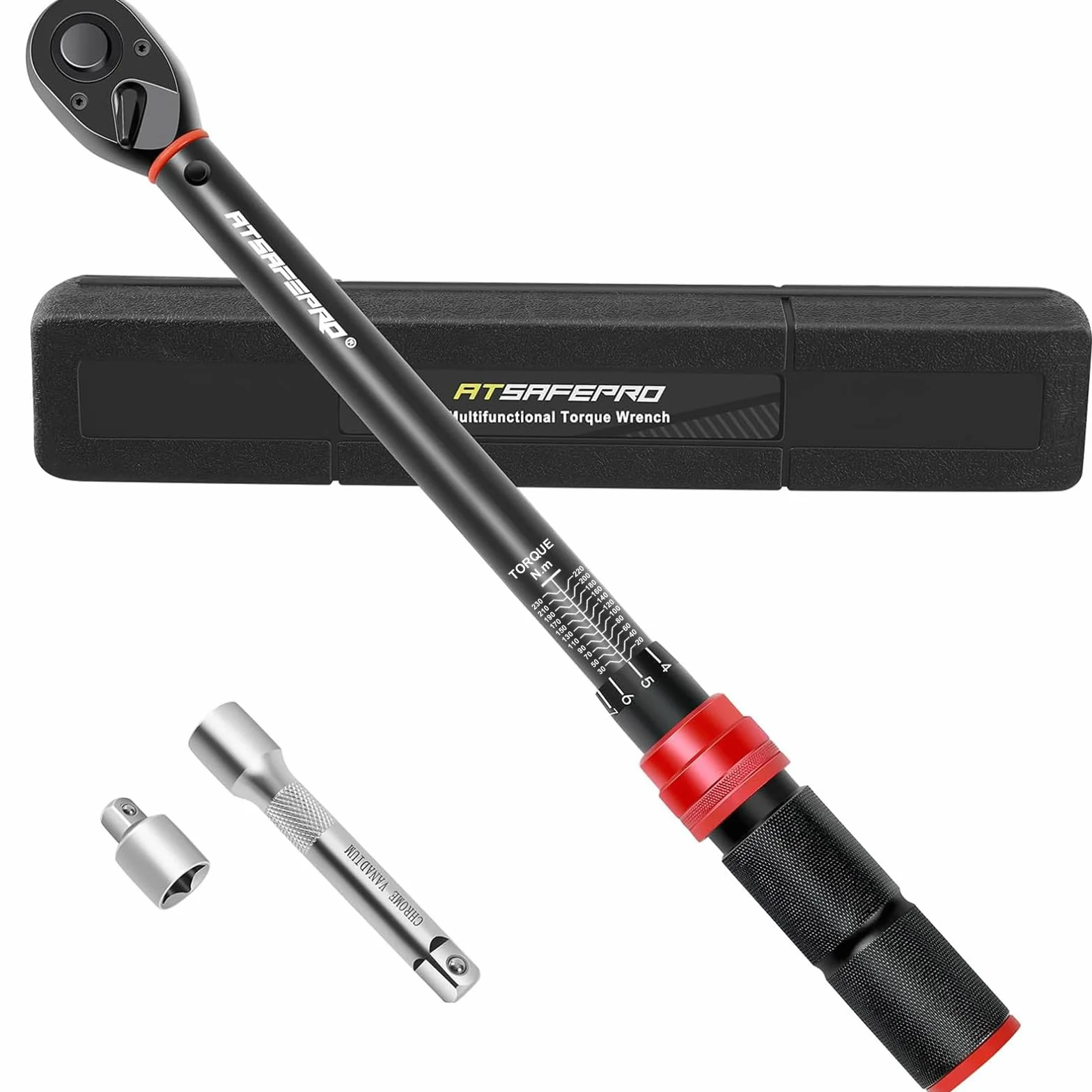 ATsafepro 1/2" Klucz momentowy, Klucz momentowy koła samochodowego 20-230 Nm z adapterem 3/8'', Dwukierunkowo regulowany 72 ząb do motocyklu samochodowego, Ciężarówka,± 3% Dokładność