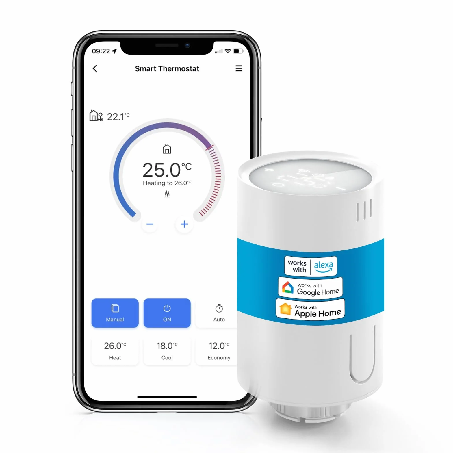 Meross Inteligentny termostat grzejnikowy, wymagany koncentrat, termostat ogrzewania Wi-Fi, kompatybilny z HomeKit, Alexa i Google Assistant, sterowanie głosem, harmonogramy automatyzacji, wykrywanie