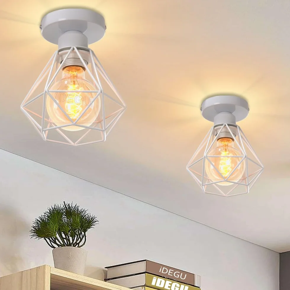 iDEGU Zestaw 2 sztuk przemysłowych metalowych lamp sufitowych w kwadratowej klatce, żyrandol żelazny klosz lampy wiszącej E27 40 W, czarny, do salonu, sypialni, baru (mały biały diament)