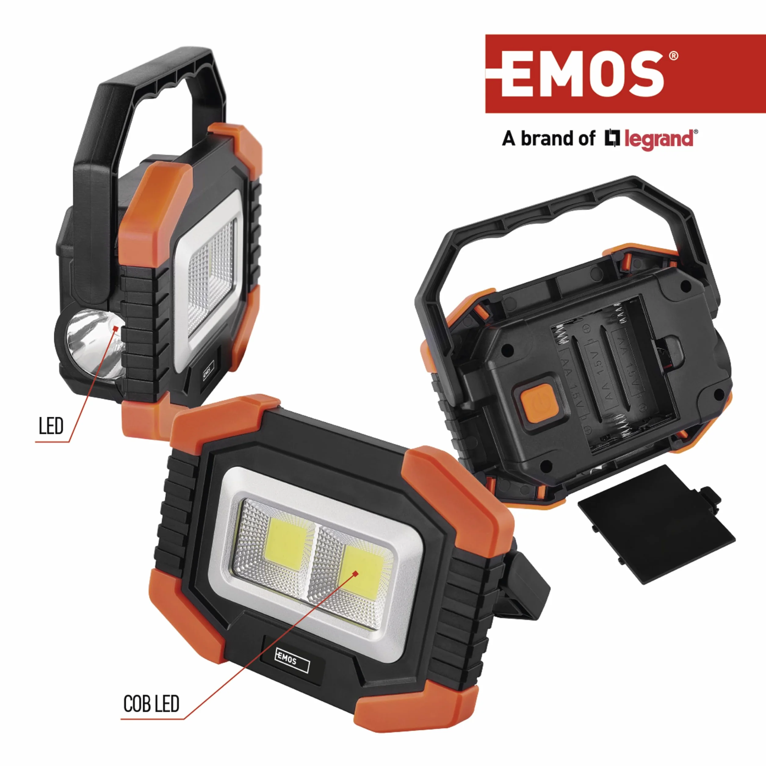 EMOS Lampa robocza LED, mały, przenośny reflektor roboczy, jasność 350 lm, zasięg świecenia 110 m, 2 tryby świecenia, zasilanie bateryjne, czas świecenia do 20 godzin, obrotowy uchwyt
