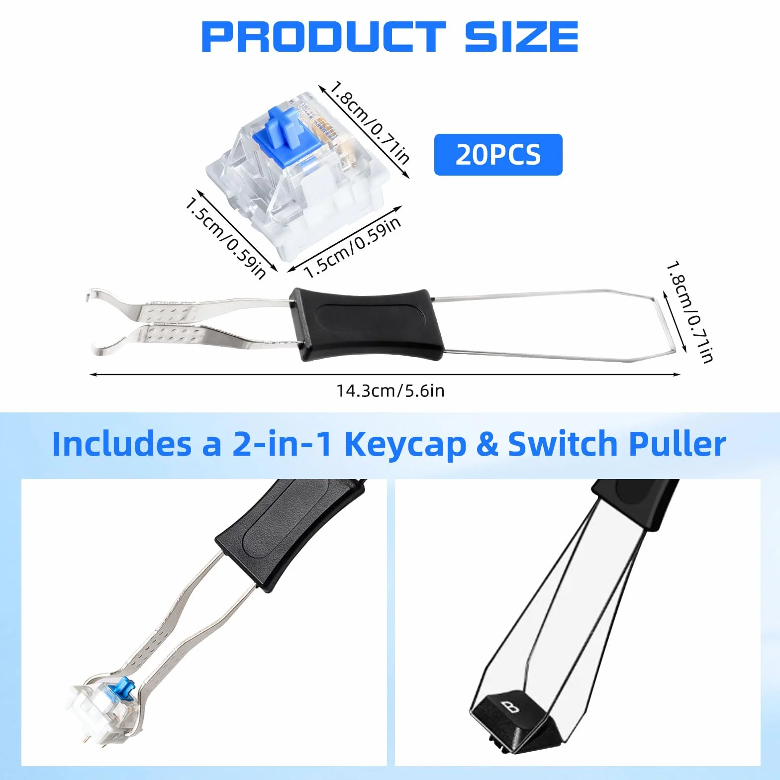 20 niebieskich przełączników klawiaturowych, przełączników klawiaturowych z wyciąganiem, 3 piny, zamiennik Blue Switch, przezroczysta obudowa do akcesoriów PC i klawiatur mechanicznych DIY