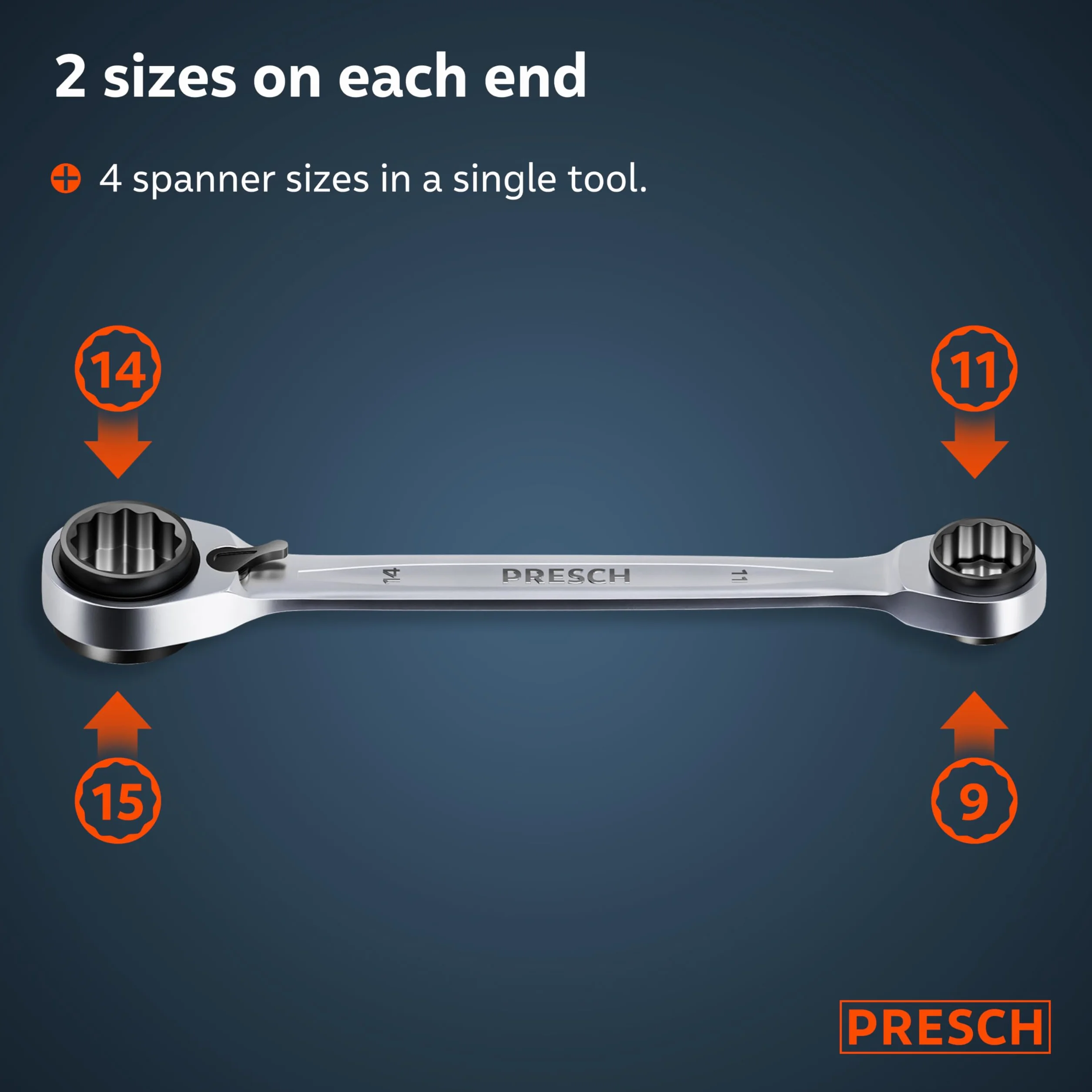 Presch Podwójny klucz grzechotkowy 4 w 1 9/11 mm 14/15 mm 90 zębów kąt powrotu 4°