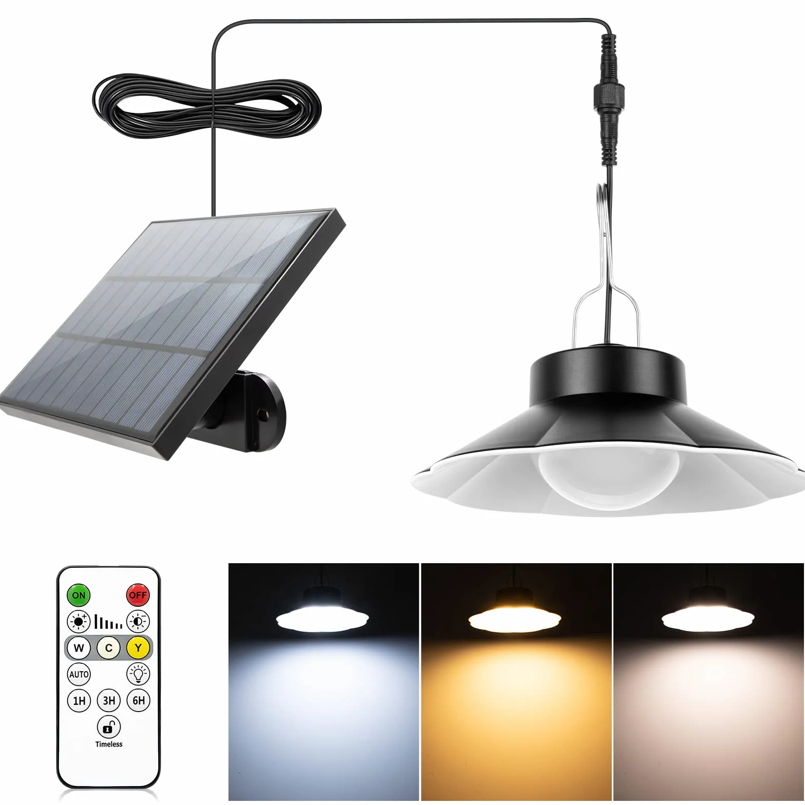 AGOTD Zewnętrzna lampa słoneczna, lampa wisząca solarna z pilotem zdalnego sterowania, 3 kolory, kabel 5 m, 6 jasność, IP65 wodoodporny, oświetlenie ogrodowe balkon podjazd
