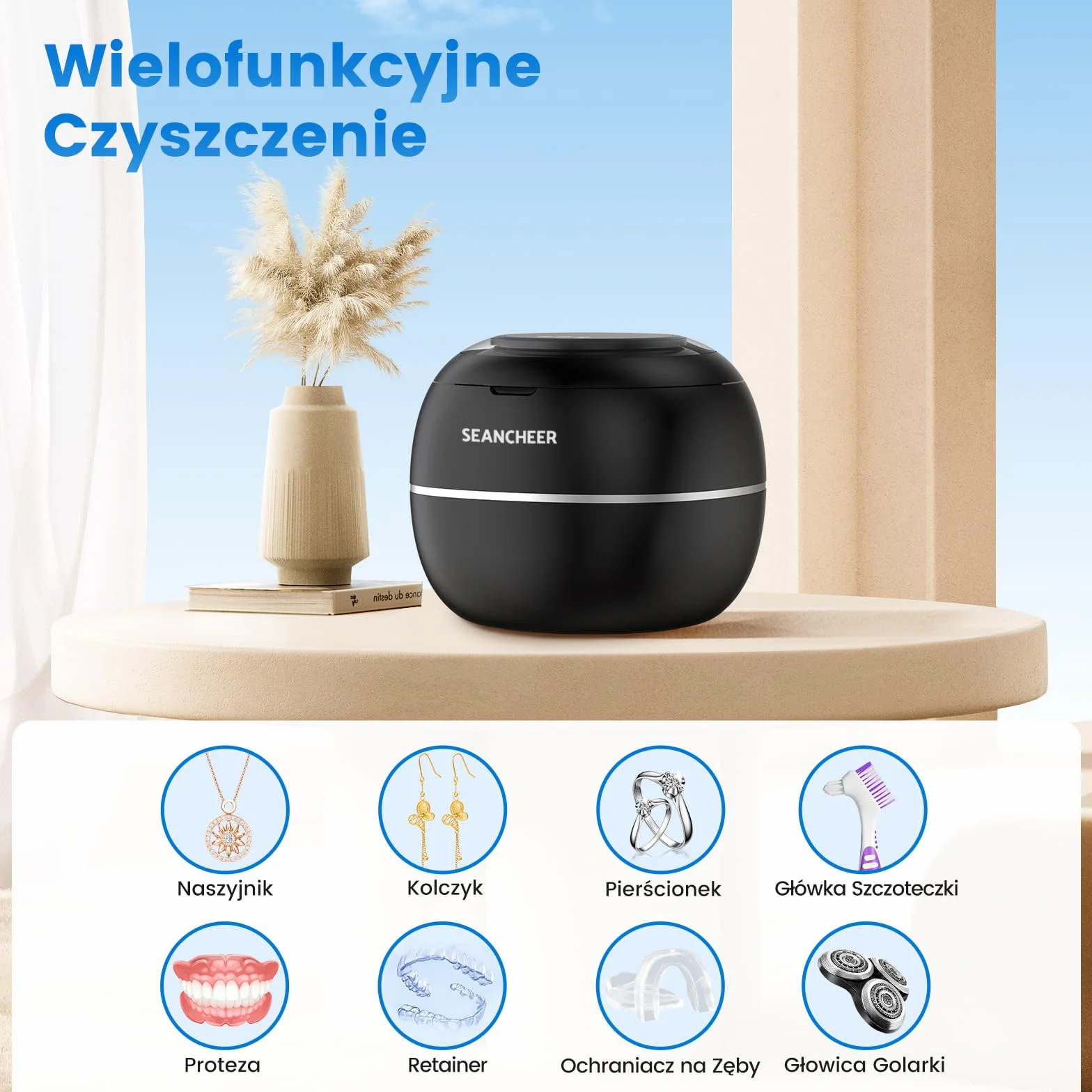 SEANCHEER Urządzenie Do Czyszczenia Ultradźwiękowego | 48000Hz | 24W | 180ML | Czyścik Ultradźwiękowy z lampą UV Do | Protez | Retainerów | Alignerów | Szyn Zębowych | Biżuterii | (Czarny)