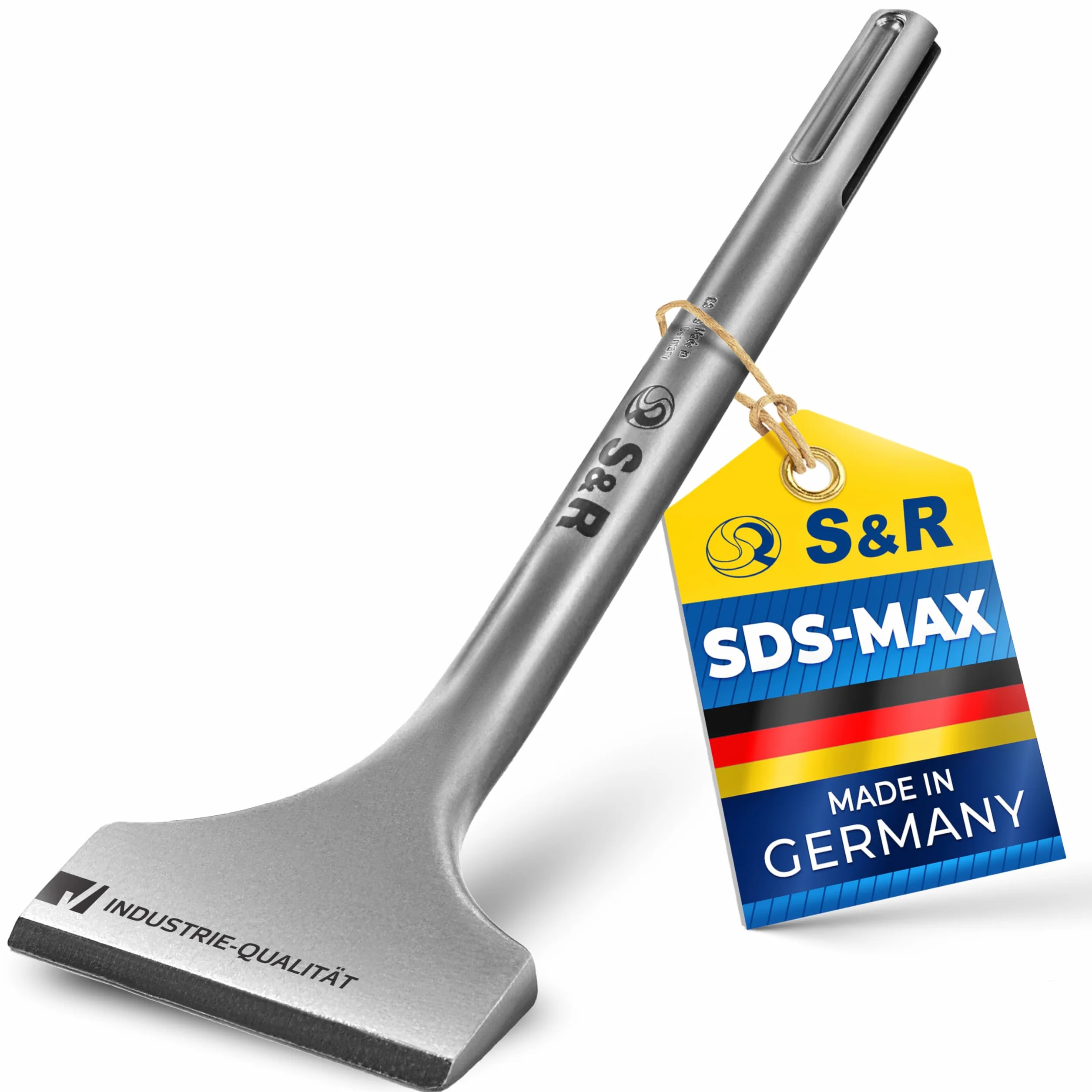 S&R Wysokowydajny dłuto do płytek SDS-MAX trzonek 300 x 80 mm zakrzywiony, jakość przemysłowa Made in Germany, specjalnie hartowane, zoptymalizowana geometria dłut, do mocowania SDS-MAX