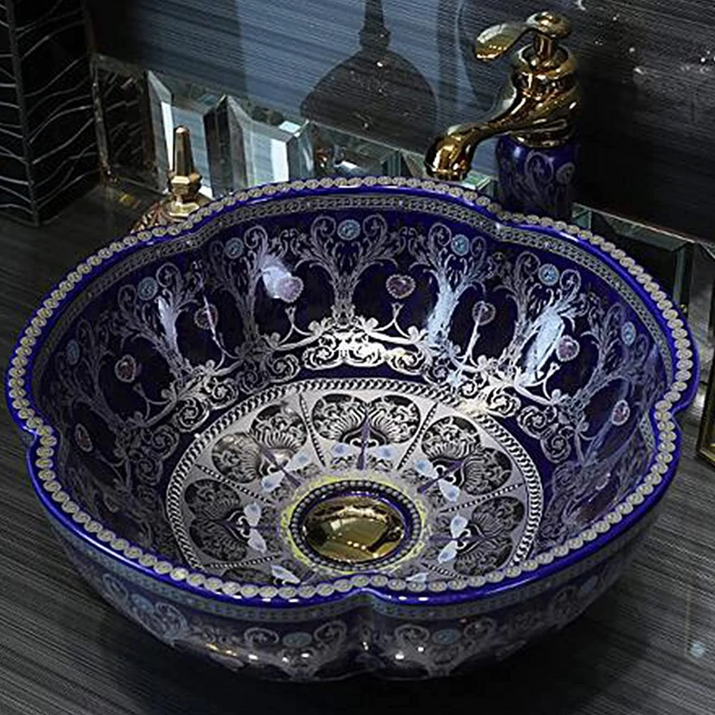 Ceramiczna Umywalka Łazienkowa, Ręcznie Malowana, Z Kolorowym Wzorem, Ceramiczna Umywalka Nablatowa, Okrągła, 42 X 15 Cm, Umywalka Nablatowa, Umywalka Artystyczna, Bez Pr,B