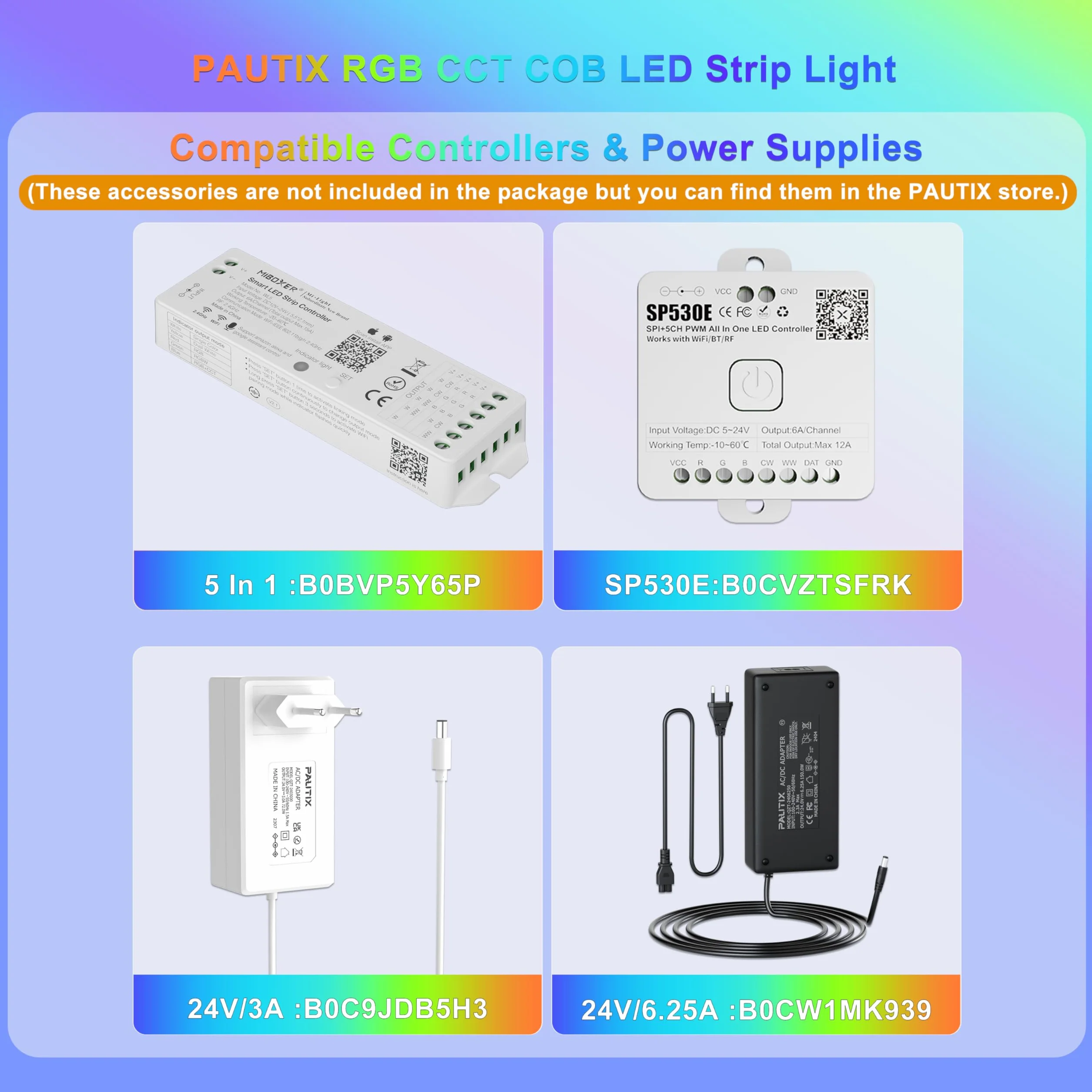 PAUTIX Taśma LED COB RGB+WW/CW 5m, 840 LED/m RGB+CCT Regulowana temperatura barwy 2700K–6500K, 24V taśma świetlna zmieniająca kolor do dekoracji DIY (zasilacz i kontroler nie są częścią dostawy)