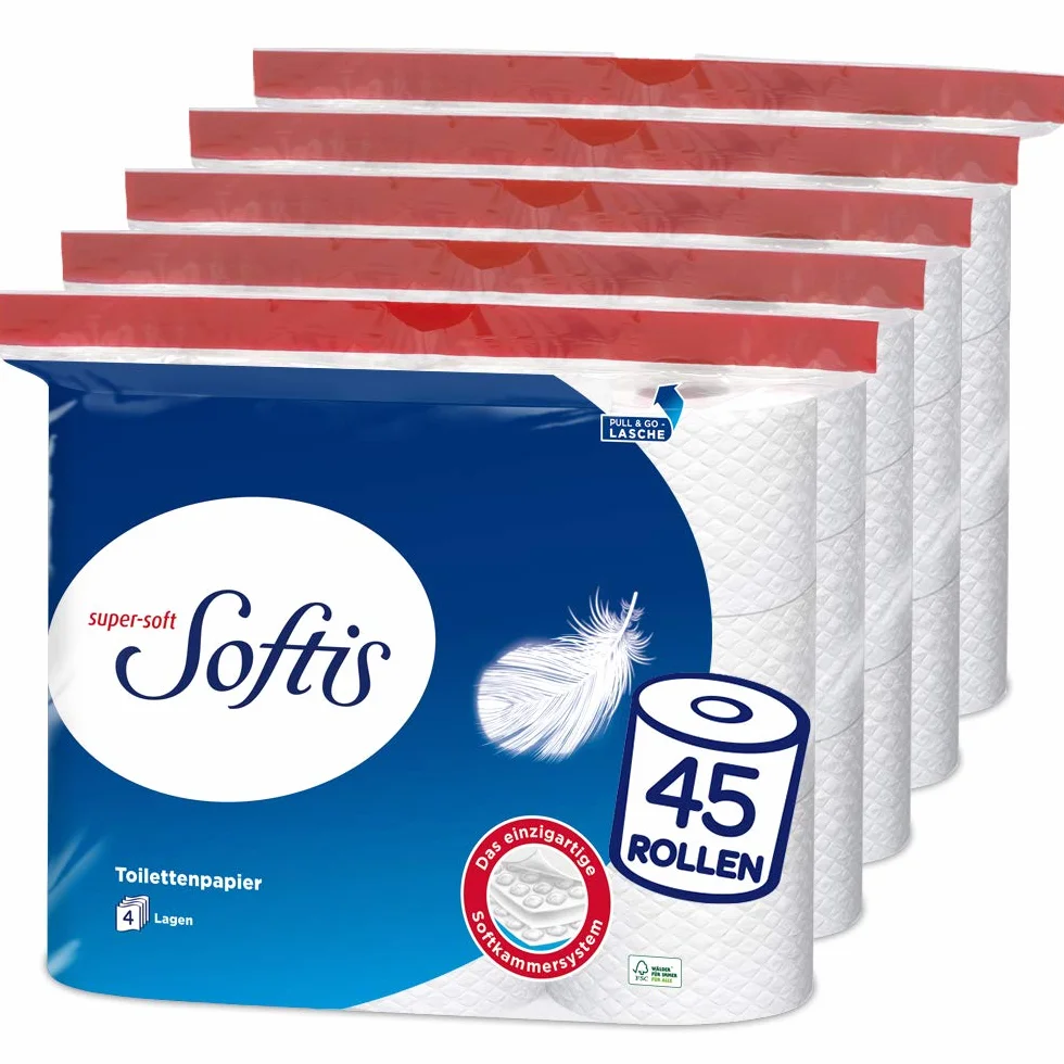 Softis 4-warstwowy papier toaletowy, opakowanie 45 rolek (5 x 9 pojedynczych opakowań), 100 arkuszy na rolkę, jedyny w swoim rodzaju system miękkich komór | opakowanie nadające się do recyklingu | papier z certyfikatem FSC