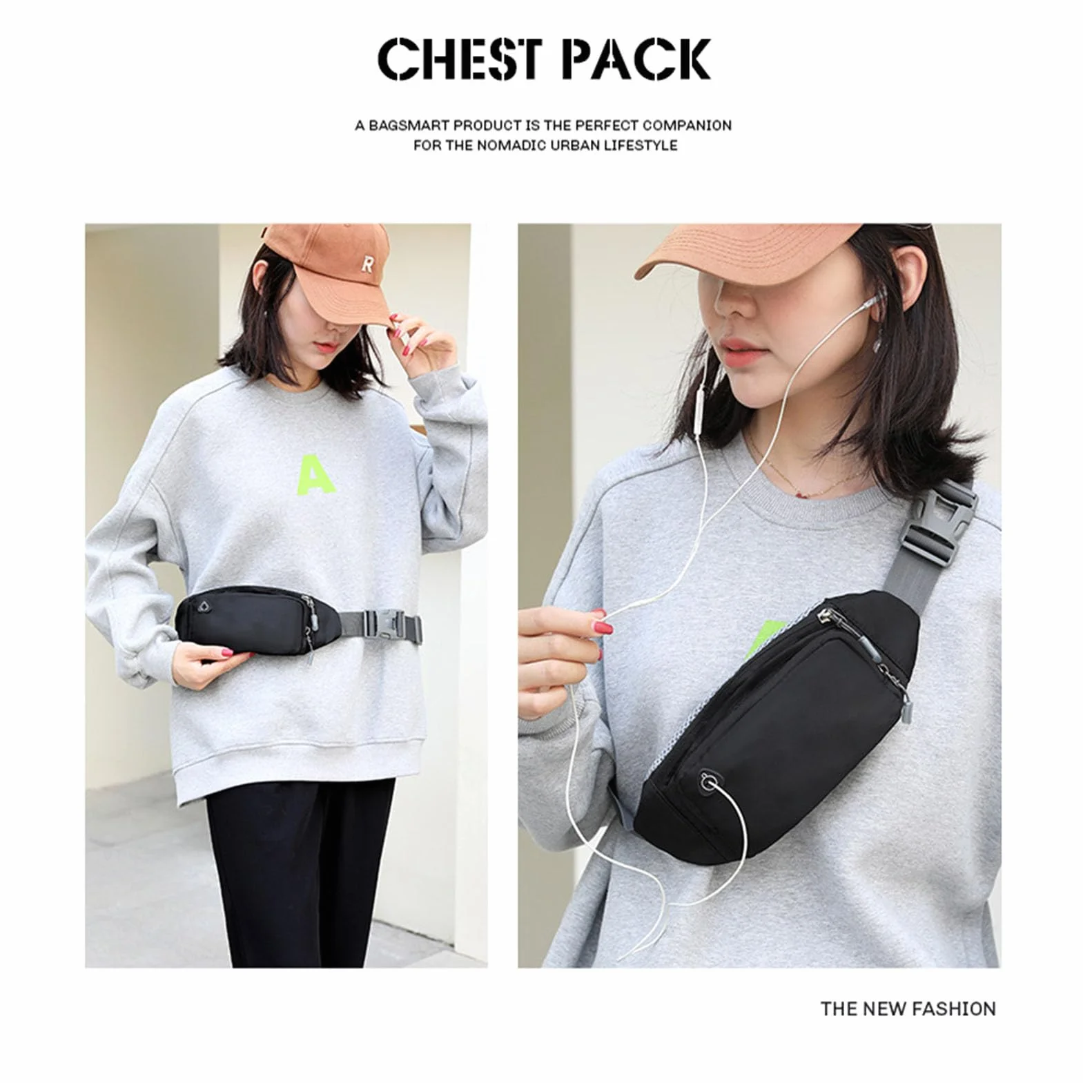 Ausla Nylonowa Torba w Talii Fanny Pack Bag Paska z Regulowanym Paskiem Wodoodporna Konstrukcja Oddychająca z Tyłu Oddychania do Biegania na Rowerze (Nylon czarny (szary pasek))
