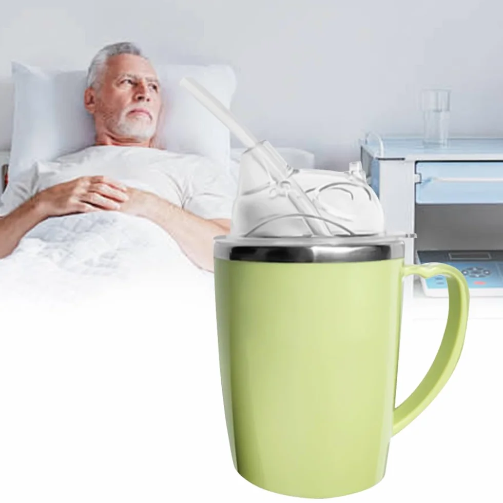 3-w-1 łyżeczka do picia dla seniorów, 350ml bezwypływkowy kubek do picia z uchwytami i 30cm słomką, stalowe kubki do dysfagii dla dorosłych z niepełnosprawnościami i starszych osób