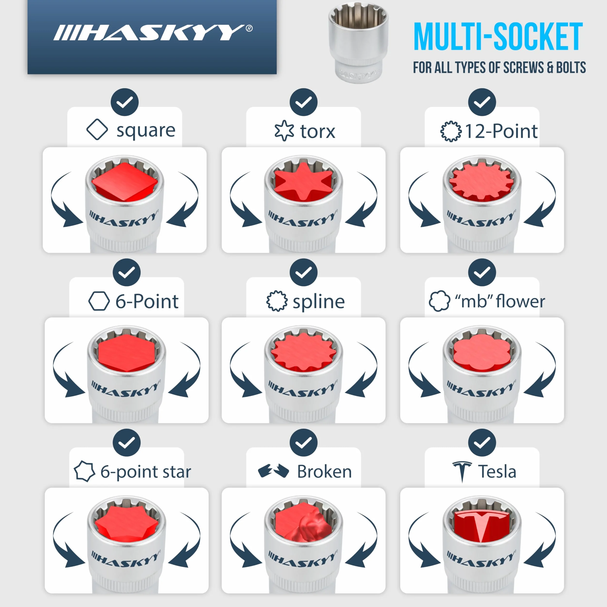 HASKYY Klucze nasadowe 1/2" Gear Lock 1/2" 8-32 calowy wielokątny nadruk Torx narzędzie zewnętrzne wewnętrzne nasadki zestaw 19 szt.