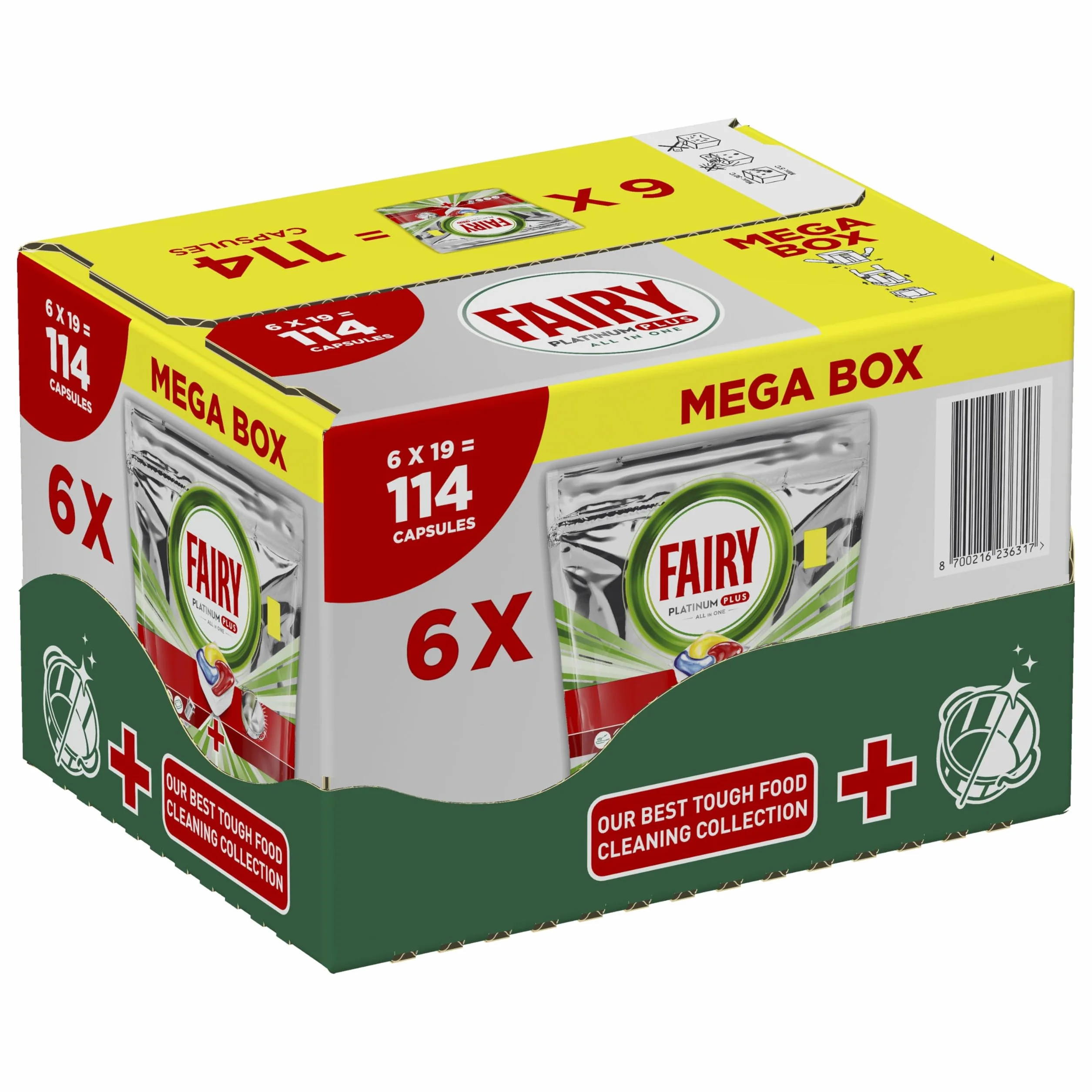 Fairy Platinum Plus Tabletki do zmywarki All in One, Cytryna, 114 tabletek, najlepsze czyszczenie, aby naczynia były lśniąco czyste, nadają połysk i zapobiegają powstawaniu kamienia
