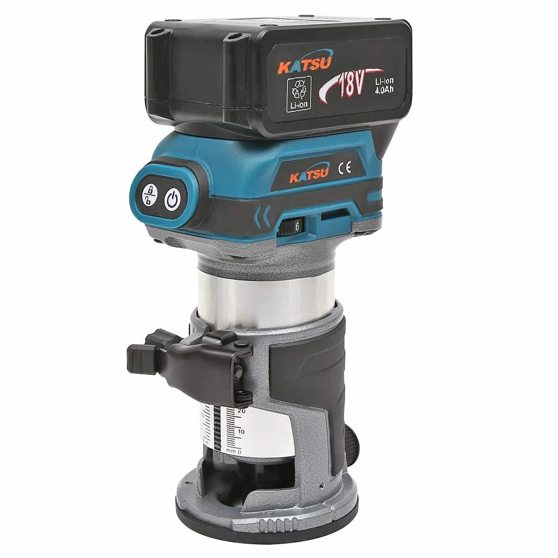 KATSU frezarka górnowrzecionowa, zestaw frezów krawędziowych, 18 V, z 3 podstawami + 3 zaciskami, 6 mm, 8 mm i 10 mm + bateria 4,0 Ah i ładowarką