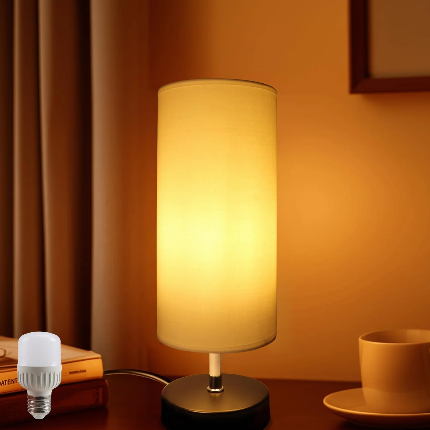 Lampka nocna biała z żarówką 6 W, oprawa E27 z przełącznikiem kablowym, 3 temperatury barwowe 3000 K/4000 K/6500 K z funkcją pamięci, nowoczesna lampa stołowa LED do sypialni, salonu