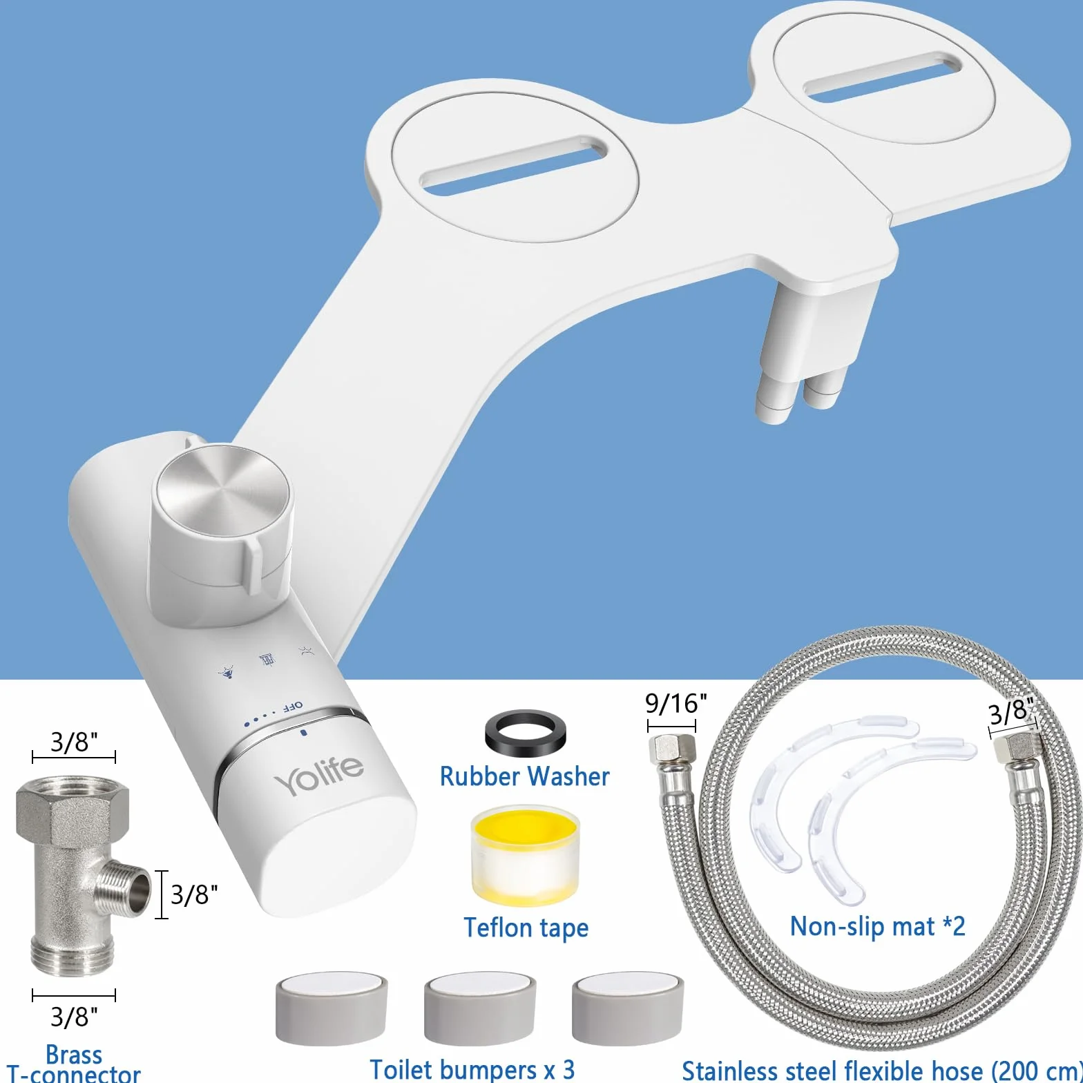 Yolife Bidet, ultracienka nasadka bidetowa do toalety z nieelektryczną, samoczyszczącą podwójną dyszą (czyszczenie tyłu/kobiece), regulowane ciśnienie wody (z wężem 2 m)