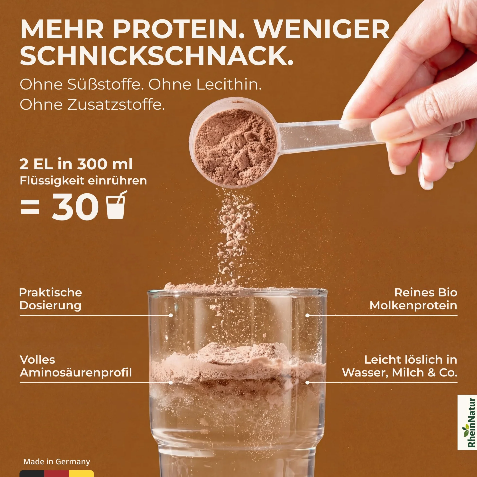 RheinNatur Bio Whey Protein-proszek Kakao 900 g - Proszek białkowy z bio-proszkiem kakaowym i bez soi - 100% białko z serwatki dla koktajli białkowych