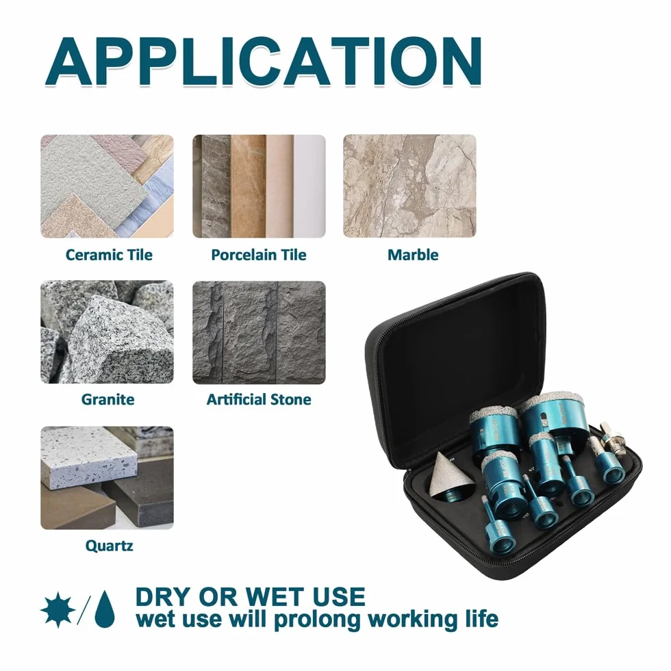 diamentowe wiertła 6/6/8/20/35/50/68mm 10 sztuk/zestaw i 10mm i 50mm frez i adapter do wiercenia na sucho porcelanowe płytki granitowe marmurowe