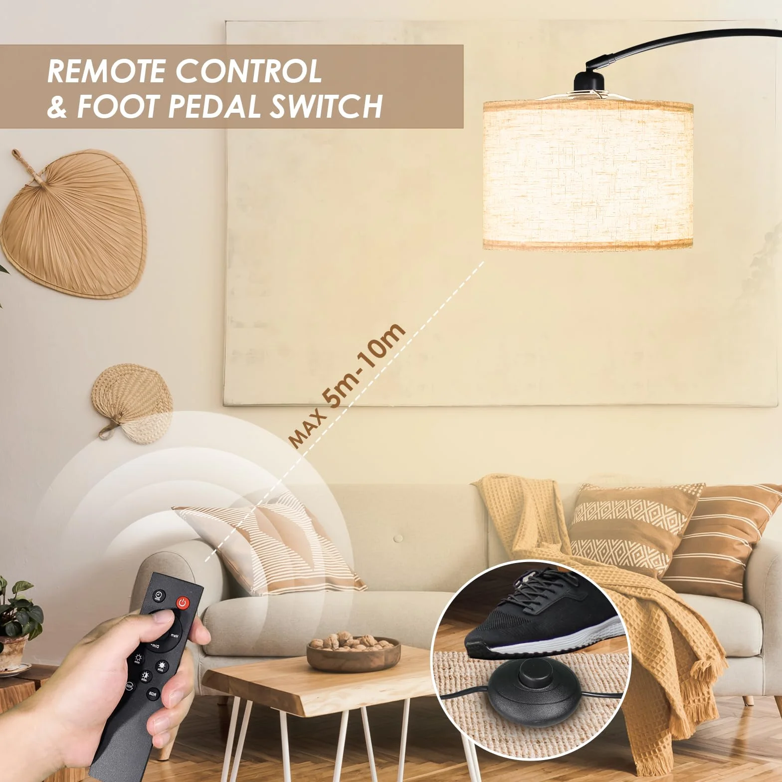 CCLIFE Stehlampe z możliwością ściemniania do salonu, lampa łukowa LED E27, lampa do czytania 60W 2700-6000K, przełącznik nożny, obracana o 360° głowica lampy, beżowa, z regulacją wysokości 165cm