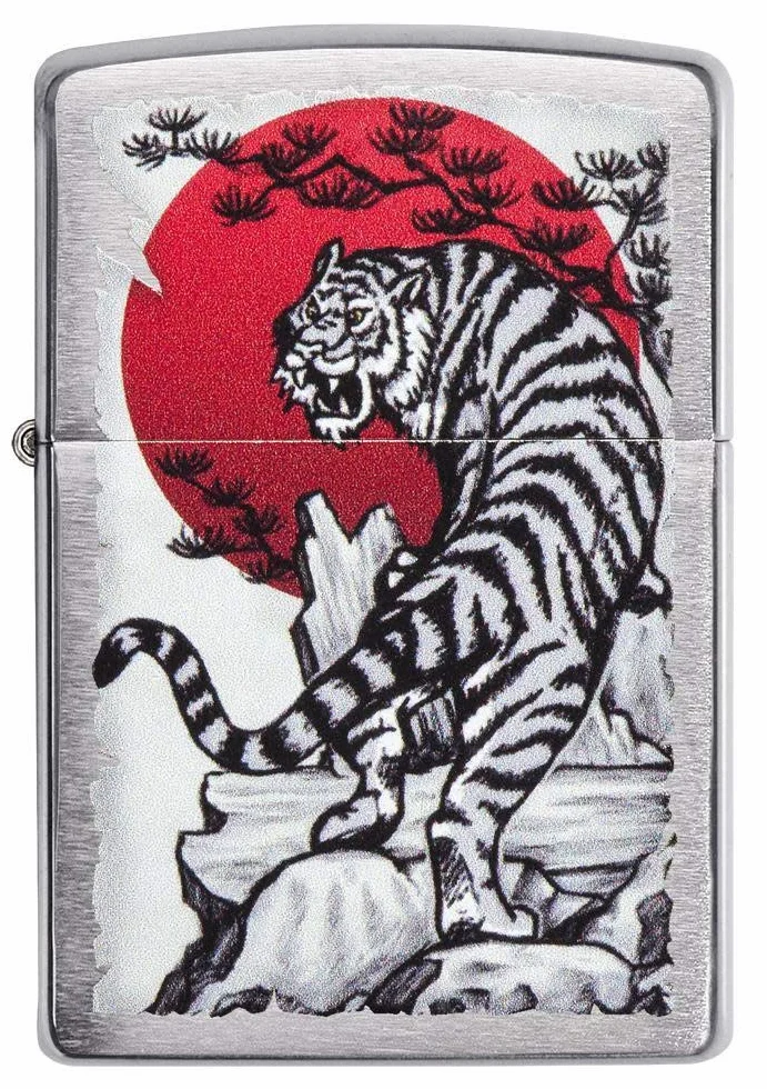 Zippo Zapalniczka Sztormowa, Azjatycki Tygrys, Szczotkowany Chrom, Kolorowy Motyw, z Możliwością Napełniania, Wielokrotnego Użytku, Płomień Odporny na Wiatr, w Pudełku Prezentowym, Made in USA