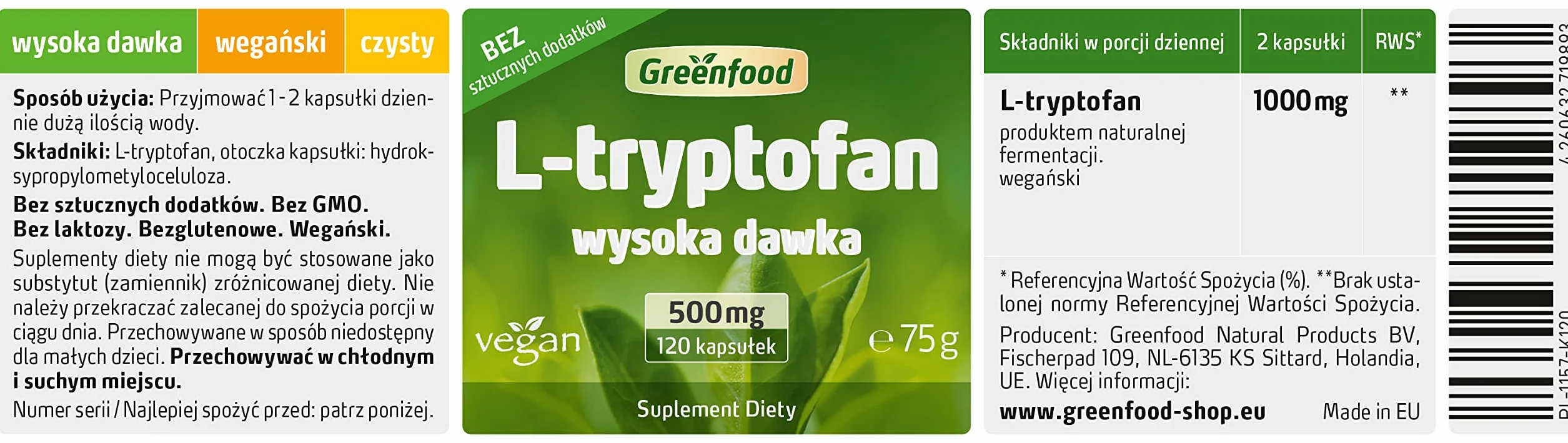Greenfood L-tryptofan, 500 mg, wysoka dawka, 120 kapsułek - aminokwas egzogenny. Wykonane przez fermentację. Bez sztucznych dodatków. Bez technologii genetycznej. Wegańskie.