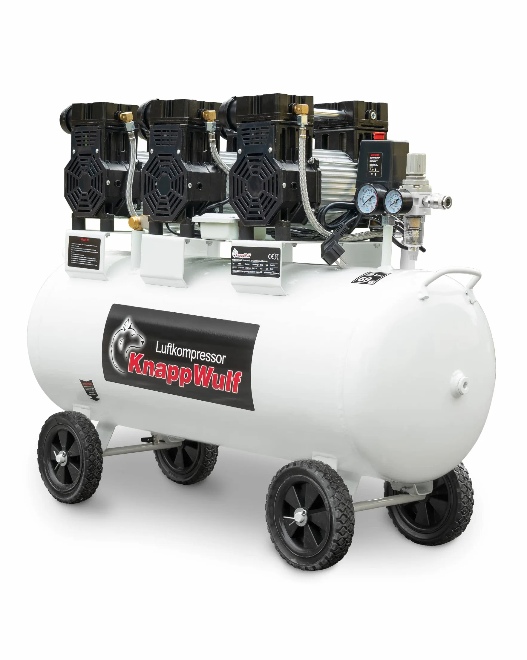 KnappWulf cicha sprężarka powietrza KW2200, 8 bar, 100 l zbiornika, 3300W, 590 l/min, bezolejowa, w zestawie odseparowana woda, reduktor ciśnienia, zawór odprowadzania kondensatu