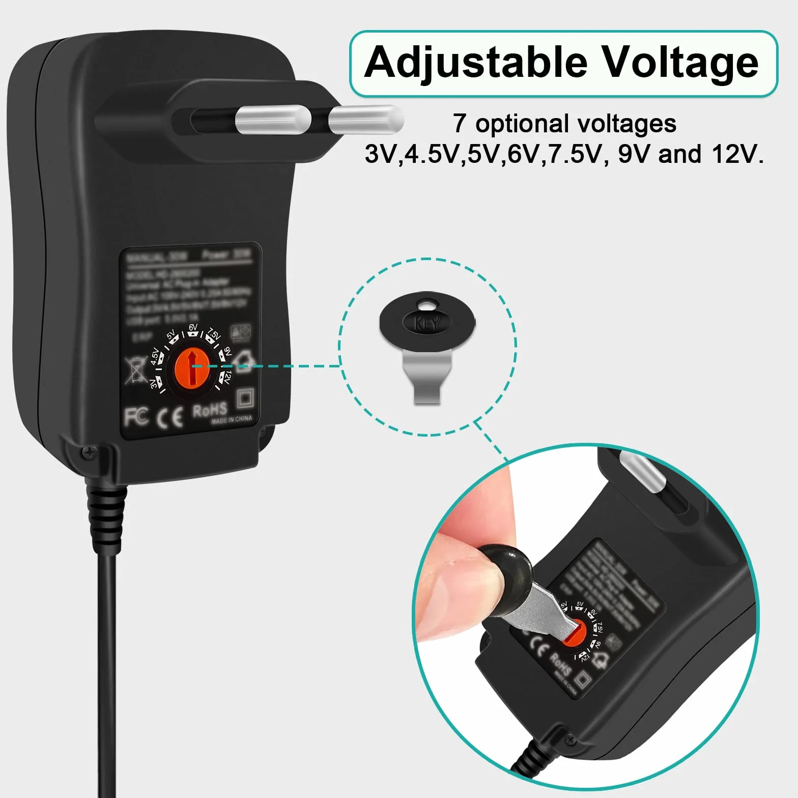 30 W Uniwersalny zasilacz AC na DC 3 V, 4,5 V, 5 V, 6 V, 7,5 V, 9 V, 12 V, 1 A, 2 A, 2000 mA, 2000 mA, maks
