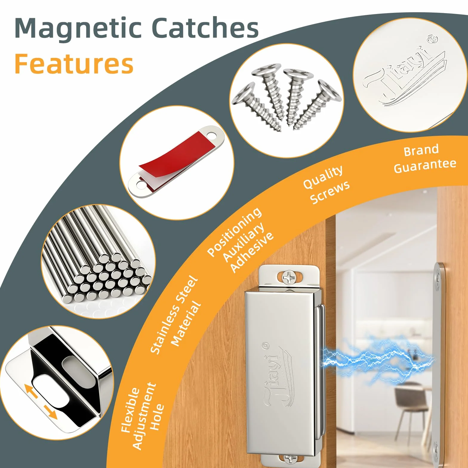 Jiayi magnetyczne zatrzaski do drzwi, 8 sztuk, magnesy do garderoby, 30 kg, wytrzymałe, magnetyczne zatrzaski do szafek, okucia, magnesy na drzwi ze stali nierdzewnej, do szafek kuchennych, zamykania