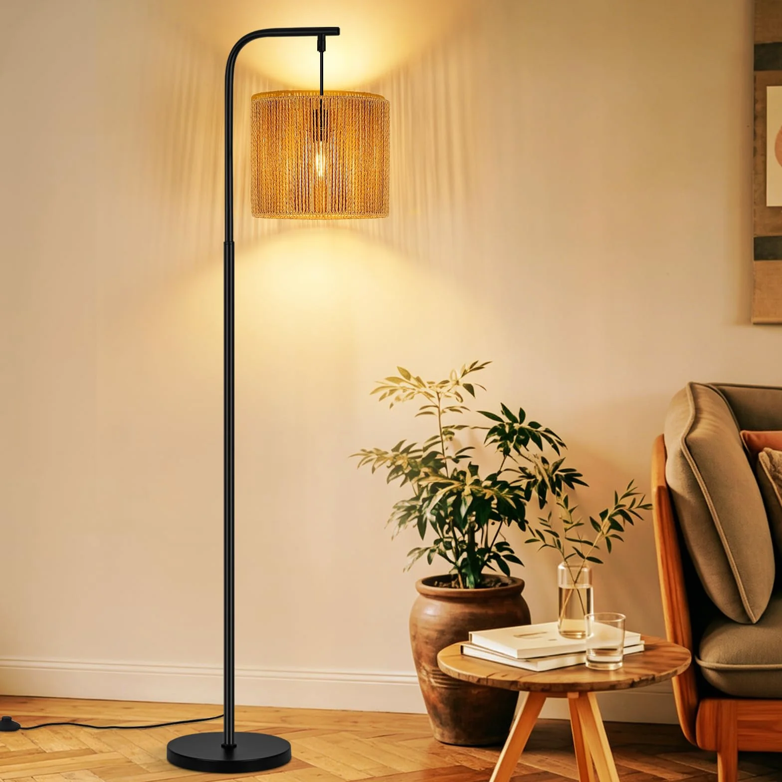 lampa podłogowa boho nowoczesna łukowa konstrukcja z czarnym | linowym abażurem włącznik nożny gniazdo E27 Idealna do salonu sypialni biura czy tarasu