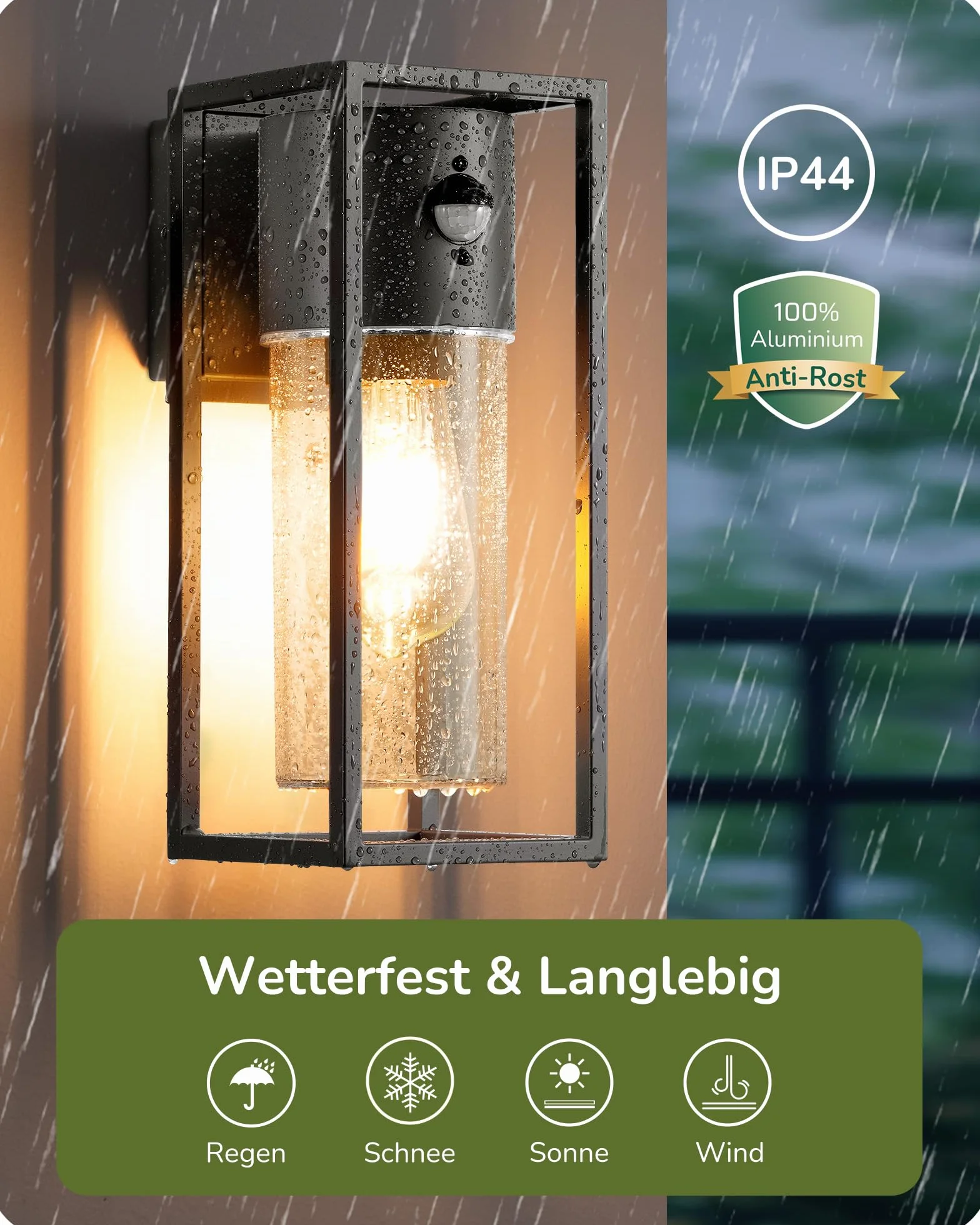 EDISHINE Zewnętrzna lampa ścienna z czujnikiem ruchu, gniazdo E27, wodoodporna IP44, lampa ścienna z aluminium i szkła hartowanego do ogrodu, balkonu, tarasu, frontu, żarówki nie są dołączone, czarna