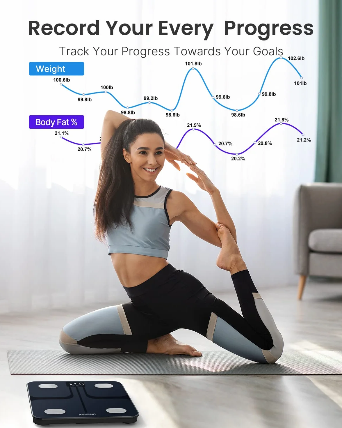 RENPHO Inteligentne Wi-Fi Wagi tkanki tłuszczowej do masy ciała, Cyfrowa waga łazienkowa Waga Bluetooth, Monitor składu ciała Wagi BMI z aplikacją na smartfona do toru fitness, technologia Step-On, czarny