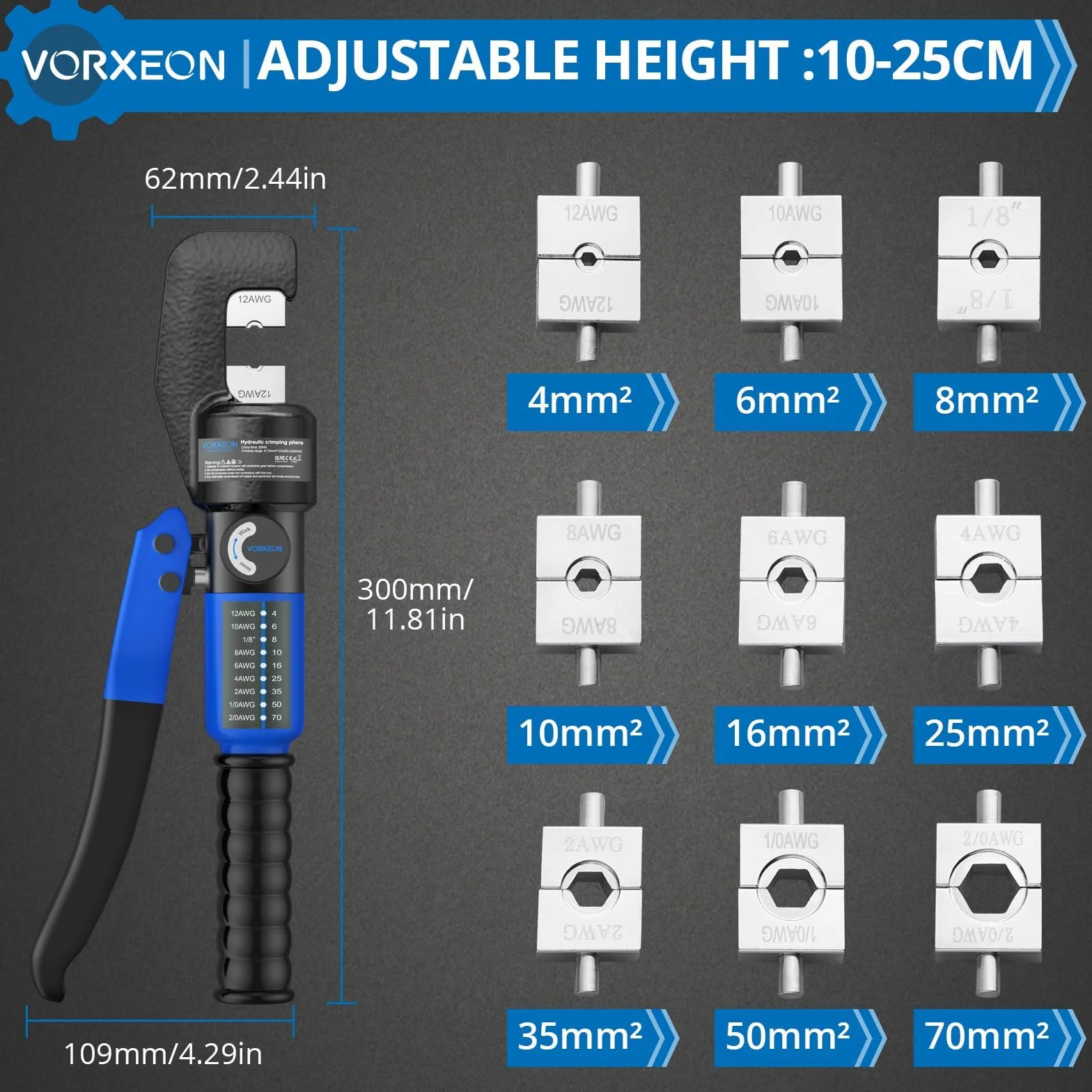 8-tonowy hydrauliczny zestaw narzędzi do zaciskania z 9 matrycami 4-70 mm² (12AWG-2/0AWG) 25,4 cm obcinacz do kabli, do profesjonalnego użytku, odpowiedni do zaciskania kabli elektrycznych w