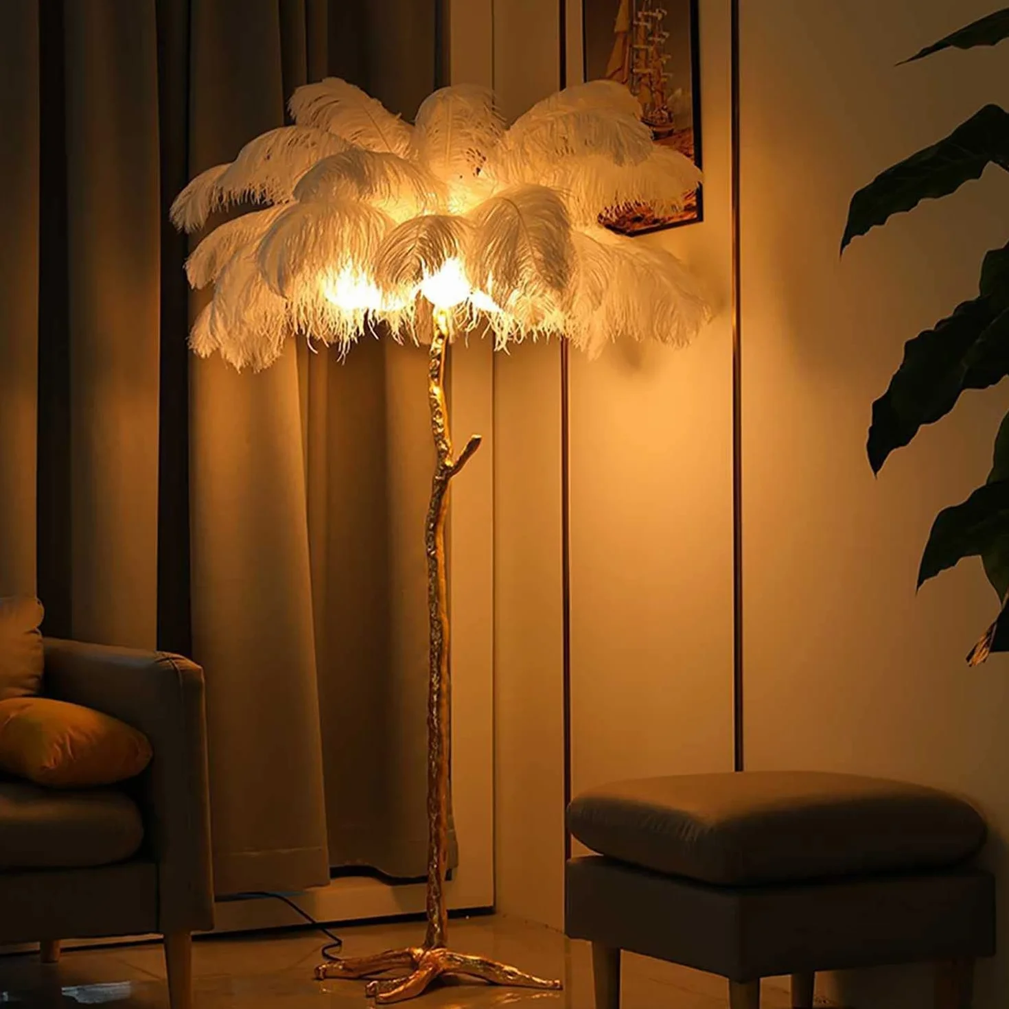 Lampa podłogowa z piórami, luksusowa żywica LED z cieniem strusich piór, ściemniane światło, idealna do czytania, sypialni, biura domowego, przedpokoju