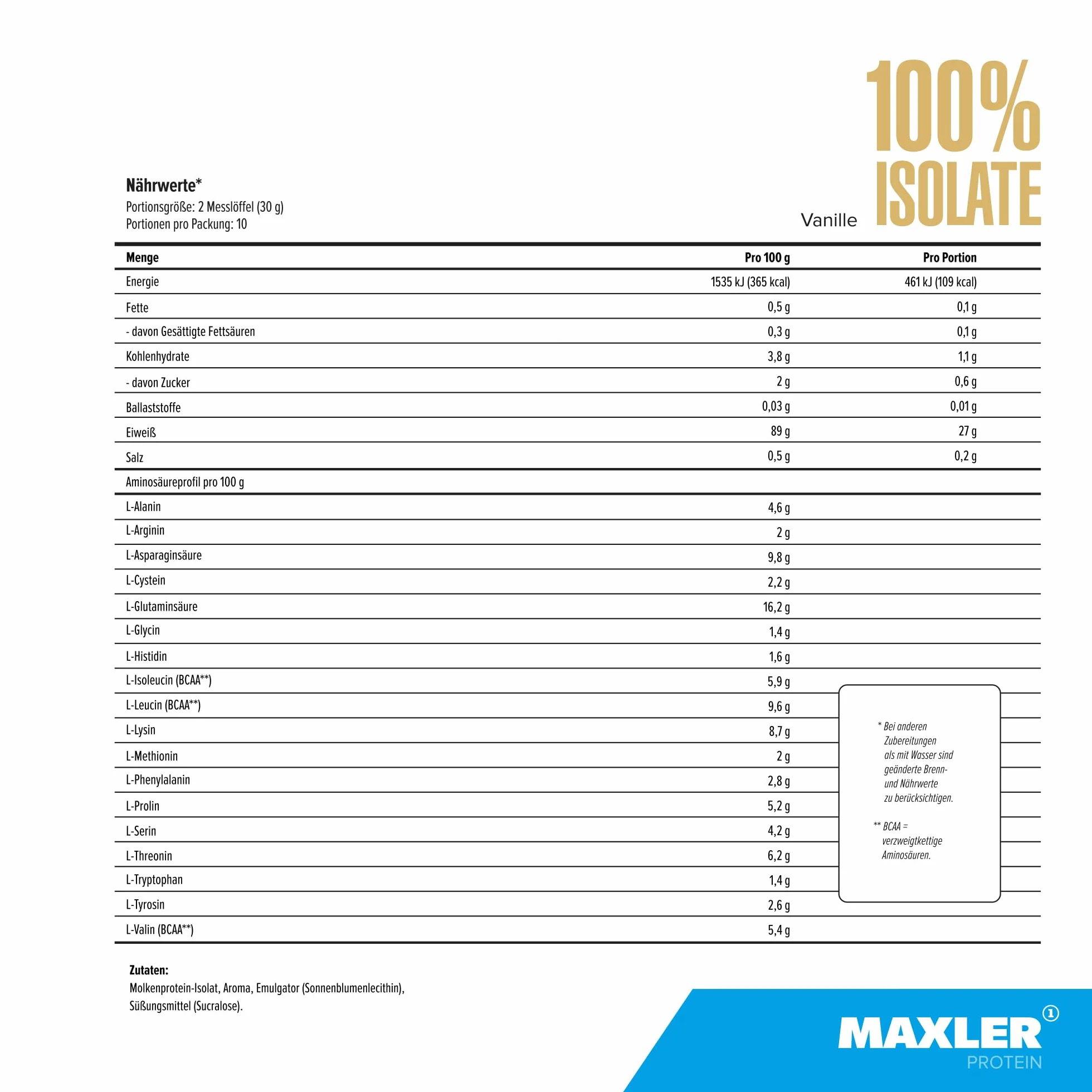 Maxler 100% Isolate Protein Pulver Vanille 300g - Whey Protein Isolate Zuckerarm