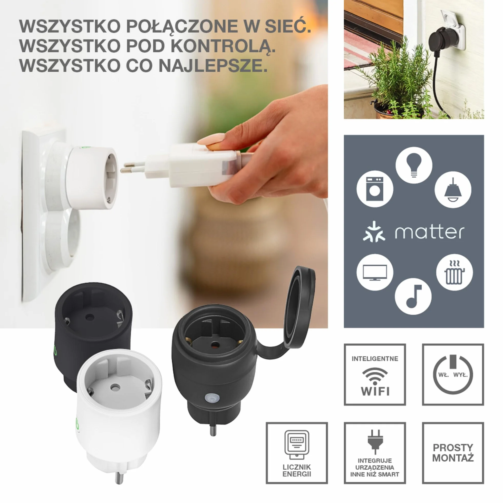 OSRAM Gniazdo zewnętrzne EU SMART+ MATTER, gniazdo zewnętrzne z kontrolą zużycia energii w kolorze czarnym wykonane z PP, stopień ochrony IP44, integracja urządzeń z inteligentnym domem