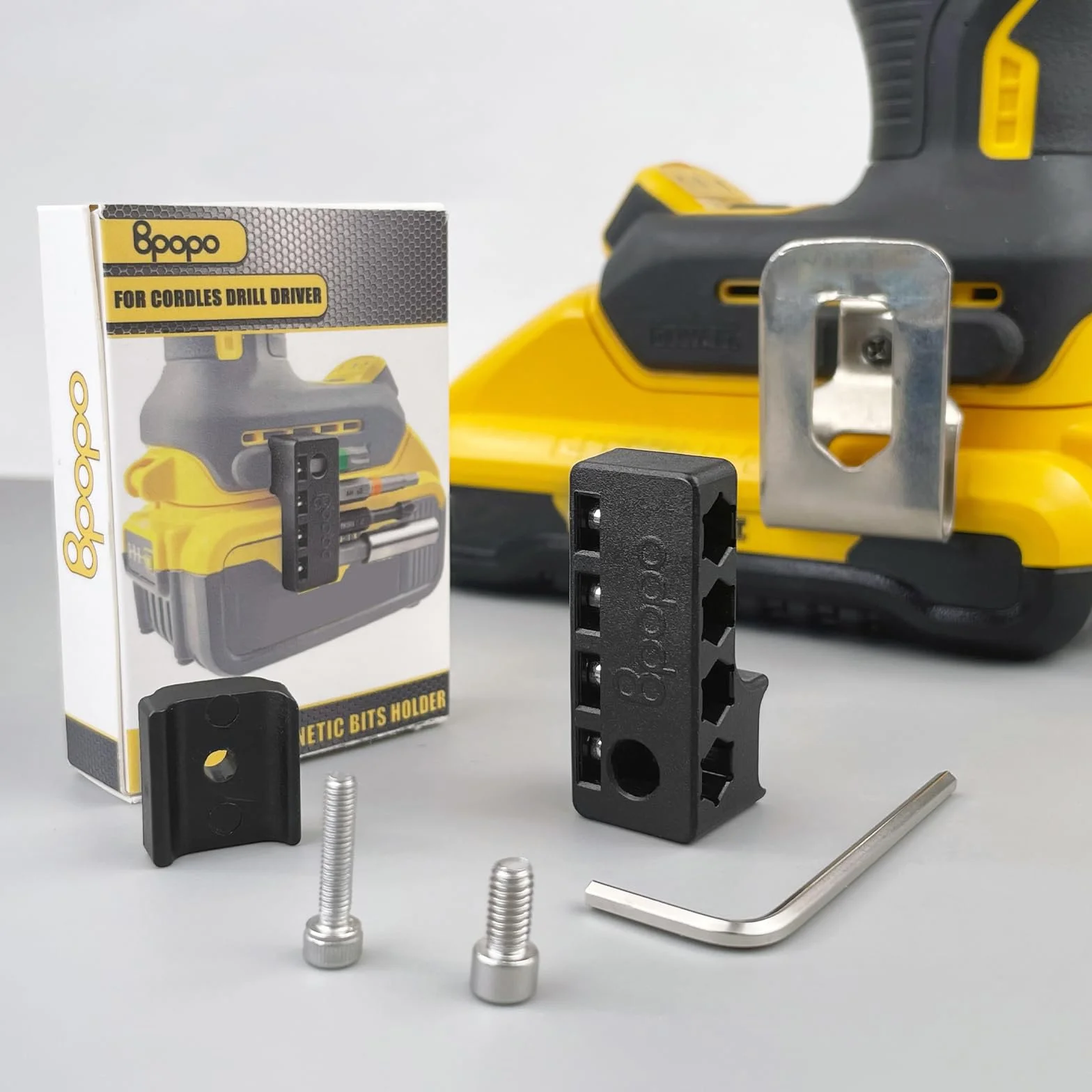 Uchwyt magnetyczny 1/4" kompatybilny z wiertarkami Dewalt, montaż śrubowy po lewej stronie, mocny organizer na 4 końcówki