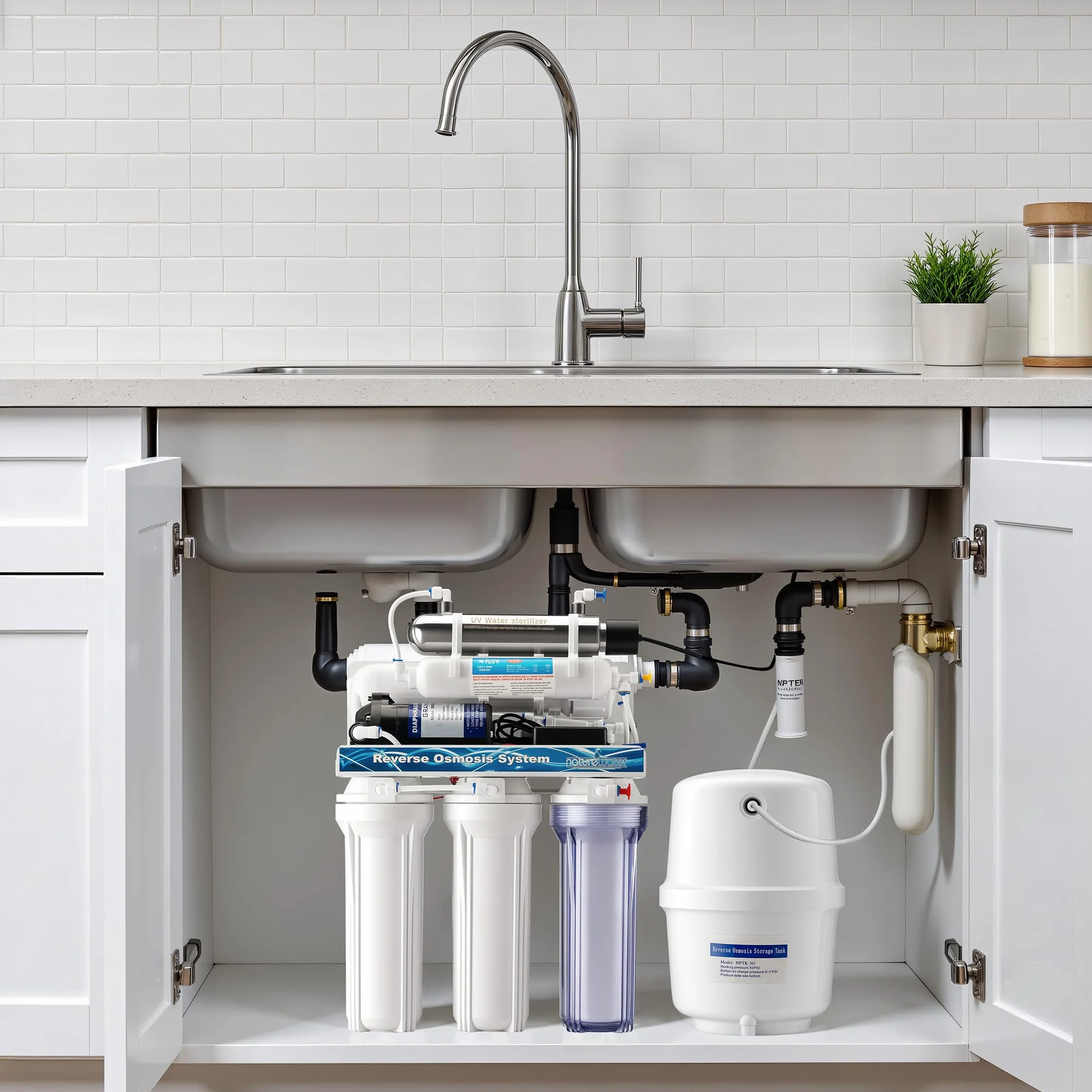 Naturewater 6-stopniowy system odwróconej osmozy 180 litrów/dobę, system odwróconej osmozy z klarownikiem UV i pompą wspomagającą do czystej wody pitnej