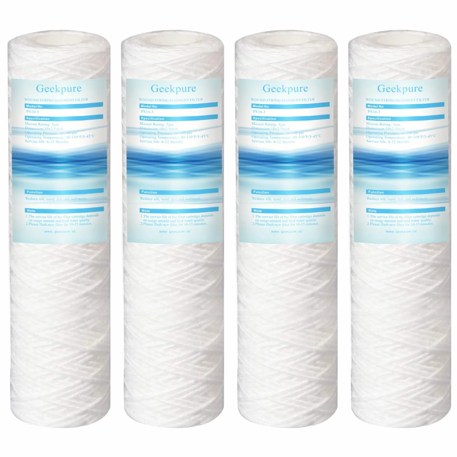 Geekpure 10-calowy wymienny filtr osadowy z plecionego sznurka PP 2,5" x 10" 5 mikronów opakowanie 4 szt