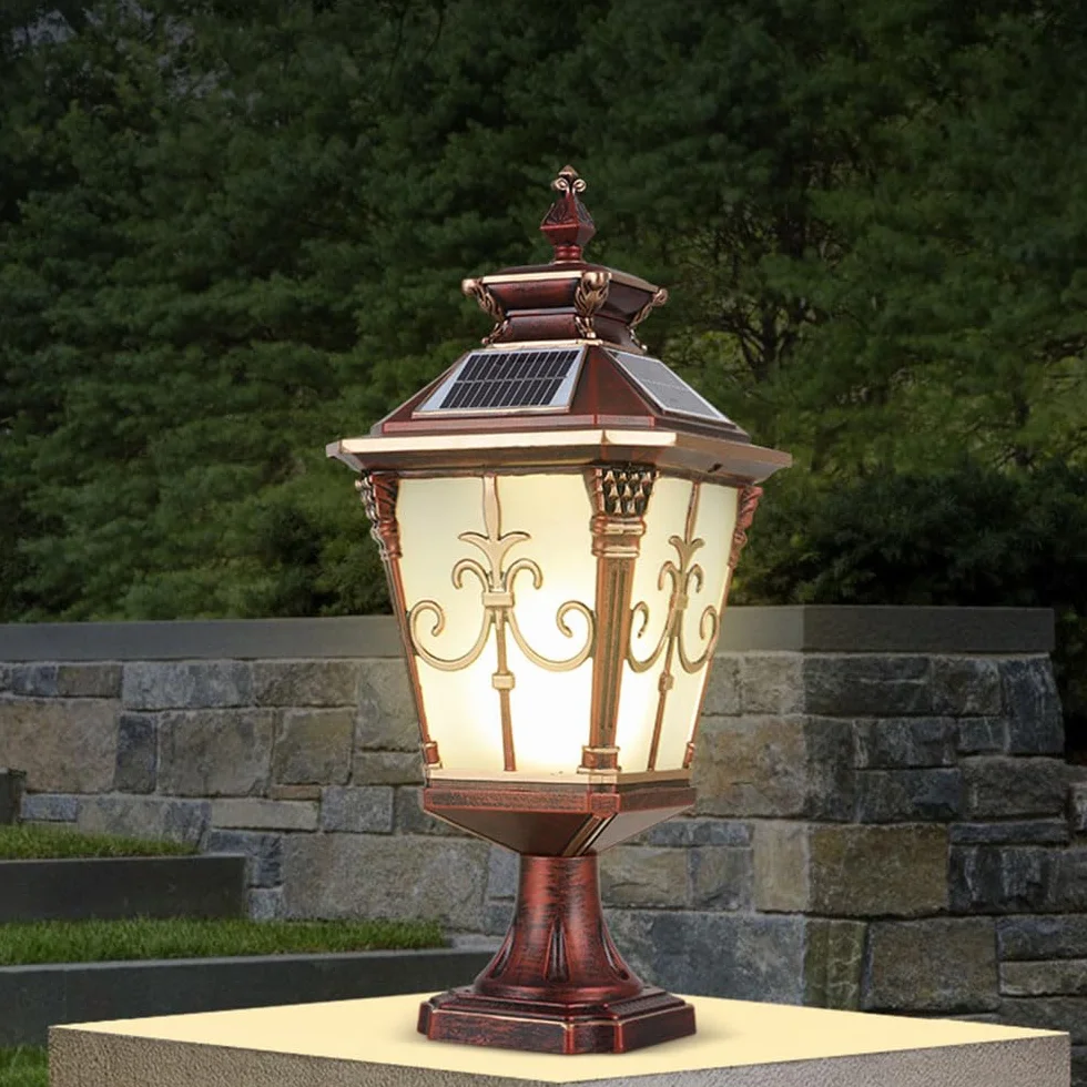 Solarne lampy słupkowe, wodoodporna, nowoczesna lampa słupkowa ogrodowa, zewnętrzna głowica latarni słupkowej do bramy dziedzińca, wysokowydajne oświetlenie kolumny paneli słonecznych