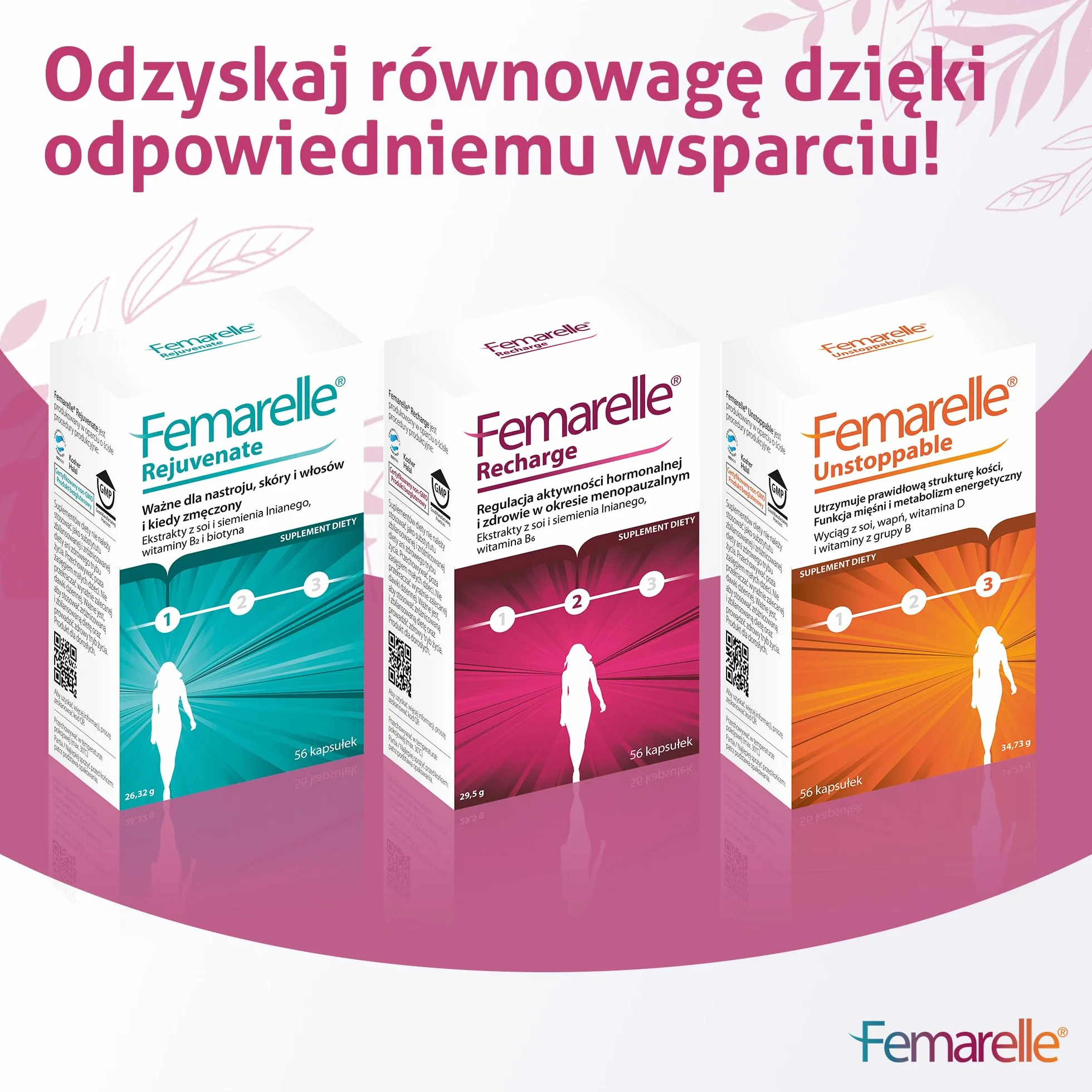 Femarelle Unstoppable 56 kapsułek – Wsparcie po menopauzie z DT56a, witaminą B2, witaminą D3, biotyną i wapniem