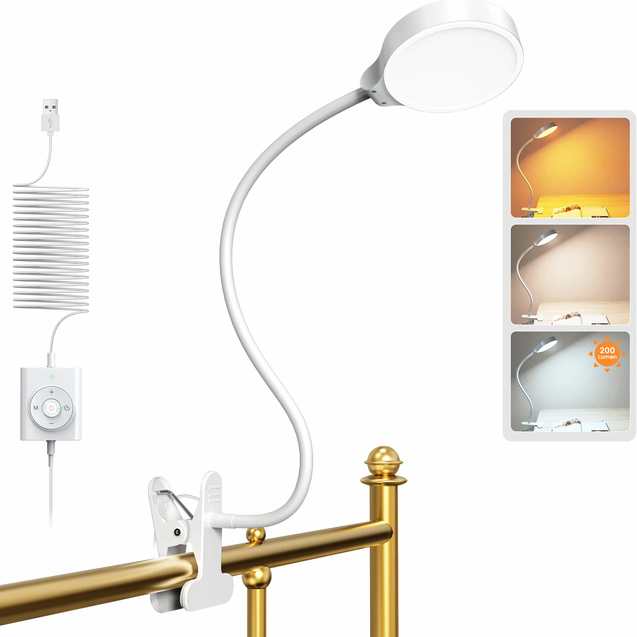 Glocusent Lampka do czytania o mocy 5 W, 36 diod LED, lampka zaciskowa, przyjazna dla oczu lampka do czytania, zacisk, 3 kolory i 5 poziomów jasności, przypinana lampka zaciskowa LED z łabędzią szyją